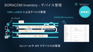 SORACOM Inventory - デバイス管理
エージェント
READ
バッテリー残量、メモリ空き容量、現在位置 etc.
WRITE 更新パッケージデータ etc.
OMA LwM2M によるデバイス管理
EXECUTE パッケージ更新...