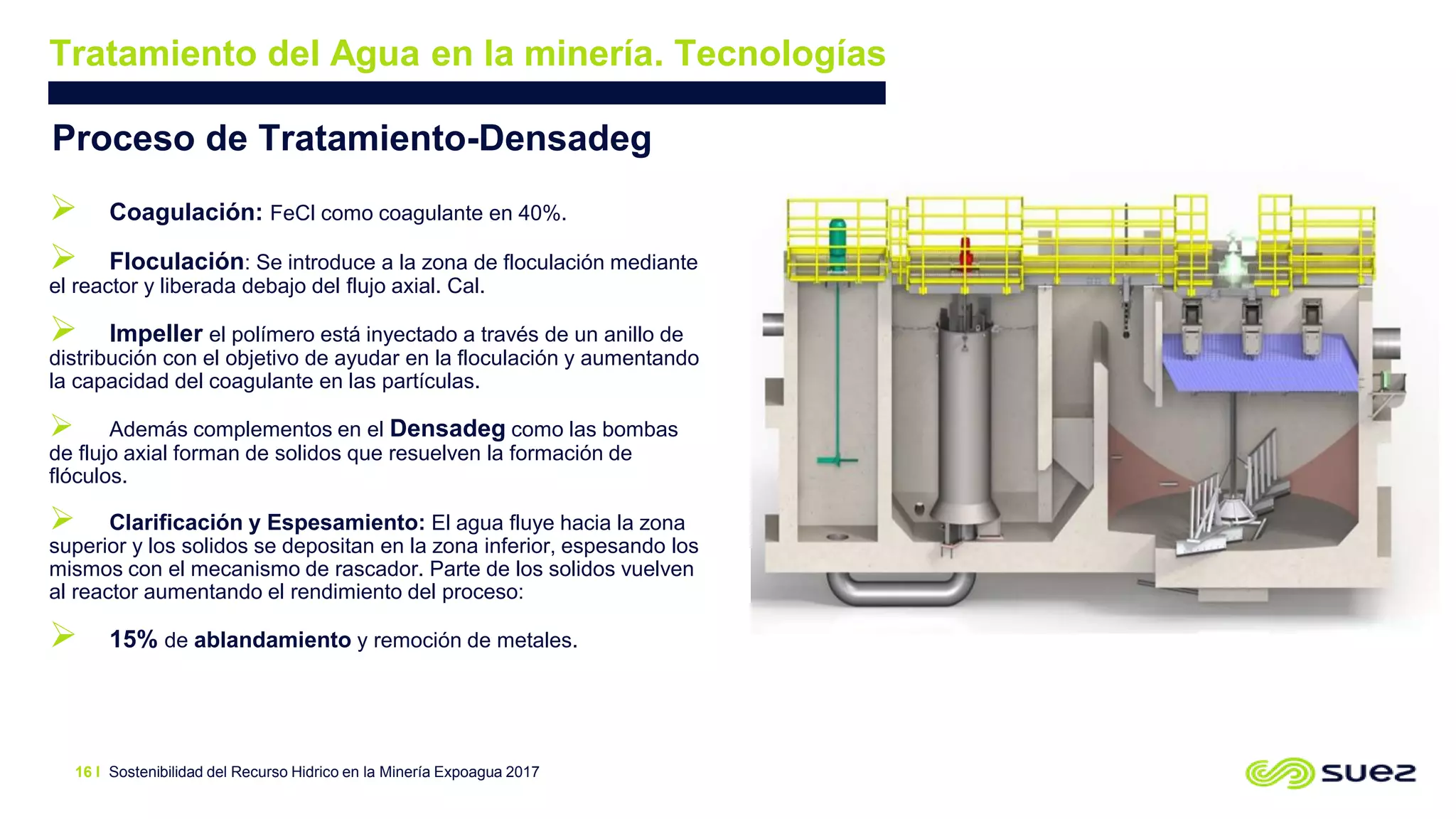 Proceso de Tratamiento-Densadeg
 Coagulación: FeCl como coagulante en 40%.
 Floculación: Se introduce a la zona de floculación mediante
el reactor y liberada debajo del flujo axial. Cal.
 Impeller el polímero está inyectado a través de un anillo de
distribución con el objetivo de ayudar en la floculación y aumentando
la capacidad del coagulante en las partículas.
 Además complementos en el Densadeg como las bombas
de flujo axial forman de solidos que resuelven la formación de
flóculos.
 Clarificación y Espesamiento: El agua fluye hacia la zona
superior y los solidos se depositan en la zona inferior, espesando los
mismos con el mecanismo de rascador. Parte de los solidos vuelven
al reactor aumentando el rendimiento del proceso:
 15% de ablandamiento y remoción de metales.
Sostenibilidad del Recurso Hidrico en la Minería Expoagua 201716 I
Tratamiento del Agua en la minería. Tecnologías
 