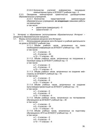 36.
2.3.2.2. Количество учителей информатики, прошедших
компьютерные курсы в 2016/2017 учебном году – 0
2.3.3. Овладение компьютерной грамотностью руководителями
образовательных учреждений.
2.3.3.1. Количество представителей администрации
образовательных учреждений, не владеющих навыками работы
на компьютере –
в том числе:
 директоров (заведующих) – 0
 заместителей – 0
3. Интернет в образовании (использование образовательных Интернет –
ресурсов в образовательном процессе).
3.1. Формы использования ресурсов сети Интернет.
3.1.1. Использование ресурсов сети Интернет в учебной деятельности
на уроке в 2016/2017 учебном году.
3.1.1.1. Объём учебных часов, затраченных на поиск
необходимой информации за 2016/2017 учебный год – 100
в том числе:
в 1 – 4 классах – 0
в 5 – 9 классах – 40
в 10 – 11 классах – 60
3.1.1.2. Объём учебных часов, затраченных на погружение в
языковую среду за 2016/2017 учебный год – 0
в том числе:
в 1 – 4 классах – 0
в 5 – 9 классах – 0
в 10 – 11 классах – 0
3.1.1.3. Объём учебных часов, затраченных на создание web-
страниц за 2016/2017 учебный год – 10
в том числе:
в 1 – 4 классах – 0
в 5 – 9 классах – 6
в 10 – 11 классах – 4
3.1.1.4. Объём учебных часов, затраченных на создание
мультимедиа-презентаций за 2016/2017 учебный год – 10
в том числе:
в 1 – 4 классах – 0
в 5 – 9 классах – 6
в 10 – 11 классах – 4
3.1.1.5. Объём учебных часов, затраченных на тестирование
обучающихся за 2016/2017 учебный год – 34
в том числе:
в 1 – 4 классах – 0
в 5 – 9 классах – 24
в 10 – 11 классах – 10
3.1.1.6. Объём учебных часов, затраченных на подготовку
обучающихся к ЕГЭ за 2016/2017 учебный год – 4
в том числе:
в 1 – 4 классах – 0
в 5 – 9 классах – 0
в 10 – 11 классах – 4
 