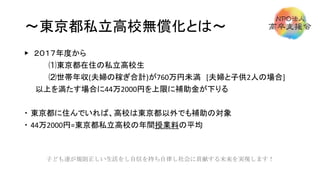 ～東京都私立高校無償化とは～
▶ ２０１７年度から
⑴東京都在住の私立高校生
⑵世帯年収(夫婦の稼ぎ合計)が760万円未満 [夫婦と子供2人の場合]
以上を満たす場合に44万2000円を上限に補助金が下りる
 東京都に住んでいれば、高校は東京都以外でも補助の対象
 44万2000円=東京都私立高校の年間授業料の平均
子ども達が規則正しい生活をし自信を持ち自律し社会に貢献する未来を実現します！
 