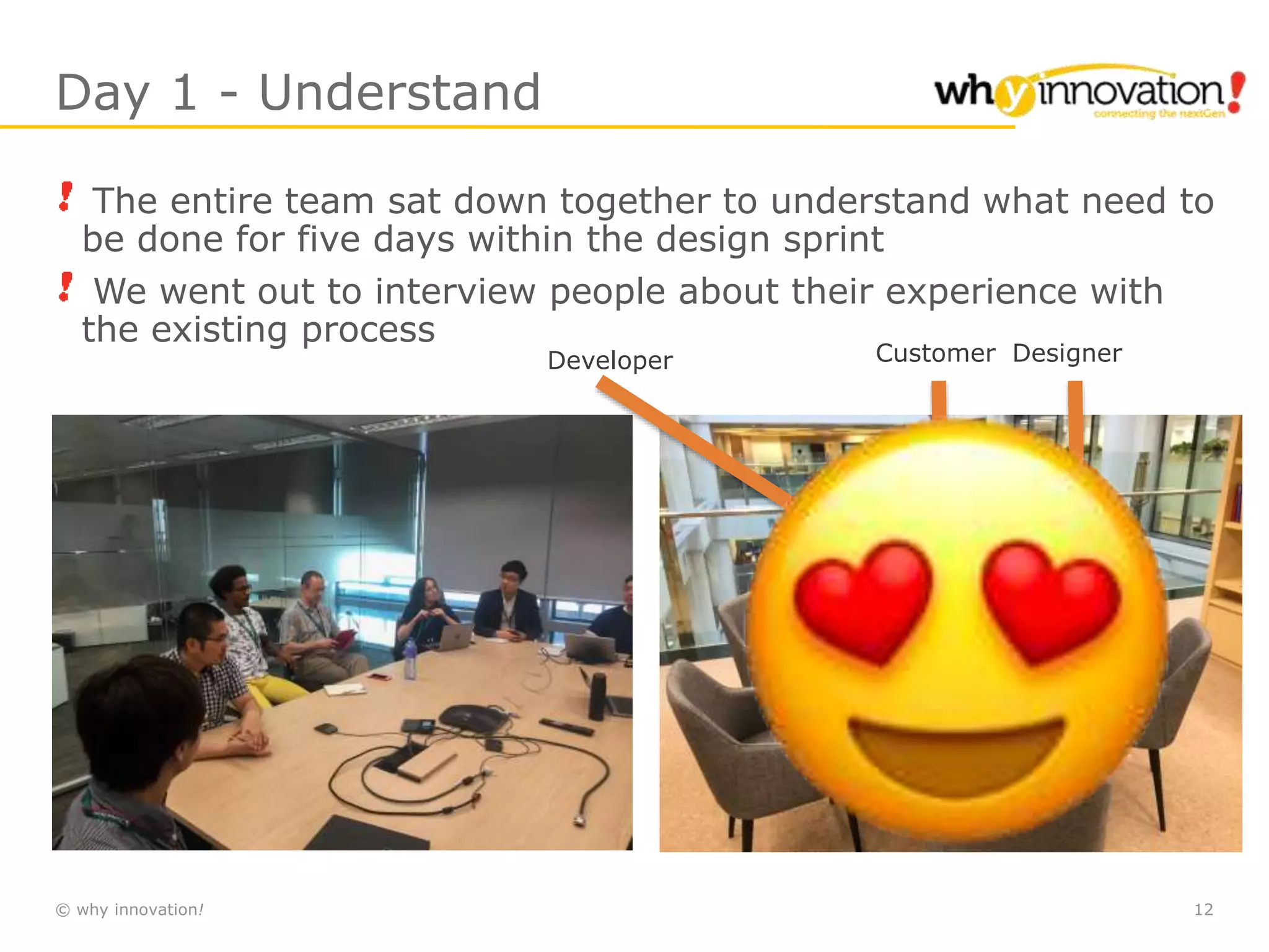 © why innovation! 12
Day 1 - Understand
The entire team sat down together to understand what need to
be done for five days within the design sprint
We went out to interview people about their experience with
the existing process
Developer DesignerCustomer
 