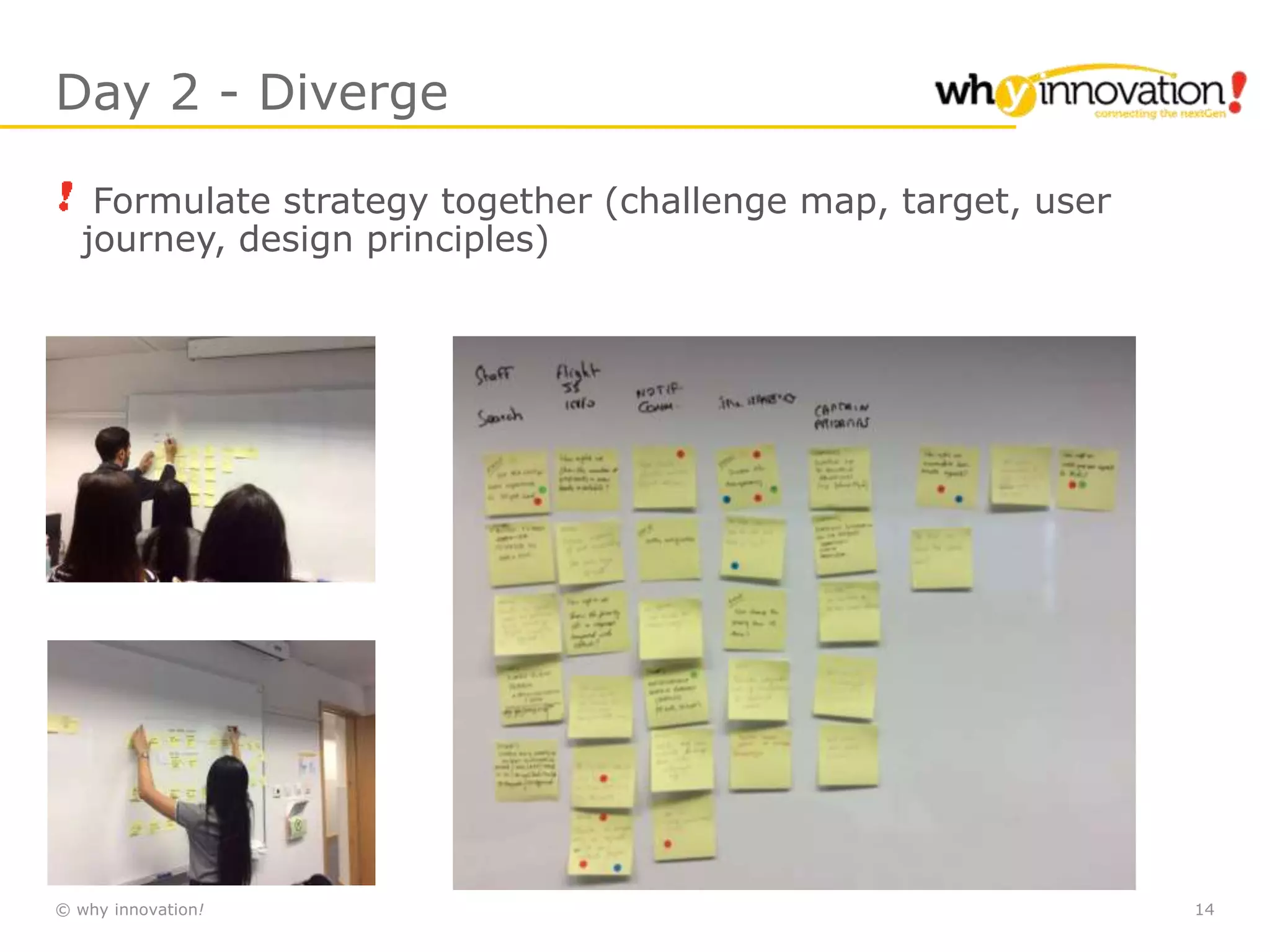 © why innovation! 14
Day 2 - Diverge
Formulate strategy together (challenge map, target, user
journey, design principles)
 