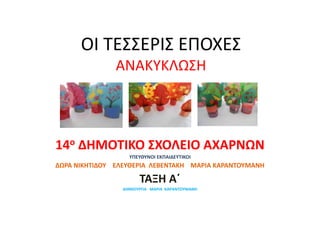 ΟΙ ΤΕΣΣΕΡΙΣ ΕΠΟΧΕΣ
ΑΝΑΚΥΚΛΩΣΗ
14ο ΔΗΜΟΤΙΚΟ ΣΧΟΛΕΙΟ ΑΧΑΡΝΩΝ
ΥΠΕΥΘΥΝΟΙ ΕΚΠΑΙΔΕΥΤΙΚΟΙ
ΔΩΡΑ ΝΙΚΗΤΙΔΟΥ ΕΛΕΥΘΕΡΙΑ ΛΕΒΕΝΤΑΚΗ ΜΑΡΙΑ ΚΑΡΑΝΤΟΥΜΑΝΗ
ΤΑΞΗ Α΄
ΔΗΜΙΟΥΡΓΙΑ ΜΑΡΙΑ ΚΑΡΑΝΤΟΥΜΑΝΗ
 