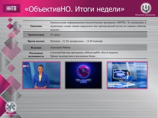 «ОбъективНО. Итоги недели»
Описание
Еженедельная информационно-аналитическая программа «ННТВ». Ее концепцию в
нескольких словах можно определить как «репортерский взгляд на главные события
недели».
Хронометраж 35 минут
Время выхода Пятница – 21:30, воскресенье – 14:20 (повтор)
Ведущая Анастасия Рябова
Рекламные
возможности
Спонсор/Партнер программы «ОбъективНО. Итоги недели».
Прокат видеоролика в рекламном блоке.
Контент канала
Включить программу
 