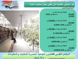 ‫والتجهيزات‬ ‫المبنى‬ ‫مساحة‬(‫للمكت‬ ‫الدولي‬ ‫اإلتحاد‬،‫بات‬
‫اليونسكو‬ ‫ومنظمة‬)–
ISO212/11219
‫المبنى‬ ‫لمساحة‬ ‫النسبة‬:
·‫من‬ ‫أكثر‬ ‫تخدم‬ ‫التى‬ ‫المكتبة‬
50.000‫بين‬ ‫مساحتها‬2200–
3300‫م‬2
·‫من‬ ‫تخدم‬ ‫التى‬ ‫المكتبة‬30.000‫إلى‬
50.000
‫مساحتها‬‫بين‬1300-2000‫م‬2
·‫من‬ ‫تخدم‬ ‫التى‬ ‫المكتبة‬20.000‫إلى‬
30.000
‫مساحتها‬‫بين‬900-1300‫م‬2
·‫من‬ ‫تخدم‬ ‫التى‬ ‫المكتبة‬10.000‫إلى‬
20.000
‫بين‬ ‫مساحتها‬650-900‫م‬2
·‫من‬ ‫تخدم‬ ‫التى‬ ‫المكتبة‬5.000‫إلى‬
10.000
‫مساحتها‬‫بين‬500-65000‫م‬2
·‫من‬ ‫تخدم‬ ‫التى‬ ‫المكتبة‬3.000‫إلى‬
5.000
4-‫ا‬ ‫المكتبات‬ ‫مجال‬ ‫تغطي‬ ‫التي‬ ‫العالمية‬ ‫المعايير‬‫لعامة‬
‫والمعلوم‬ ‫للمكتبات‬ ‫المصرية‬ ‫للجمعية‬ ‫العشرون‬ ‫القومى‬ ‫المؤتمر‬‫ات‬
‫واألرشيف‬
 