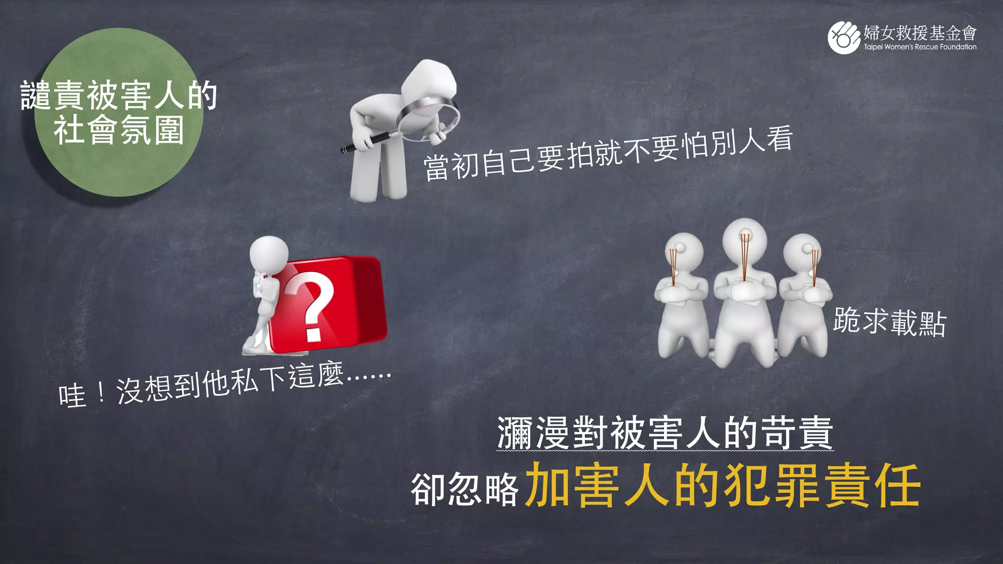 瀰漫對被害⼈的苛責
卻忽略加害⼈的犯罪責任
當初⾃⼰要拍就不要怕別⼈看
哇！沒想到他私下這麼......
跪求載點
譴責被害⼈的
社會氛圍
 