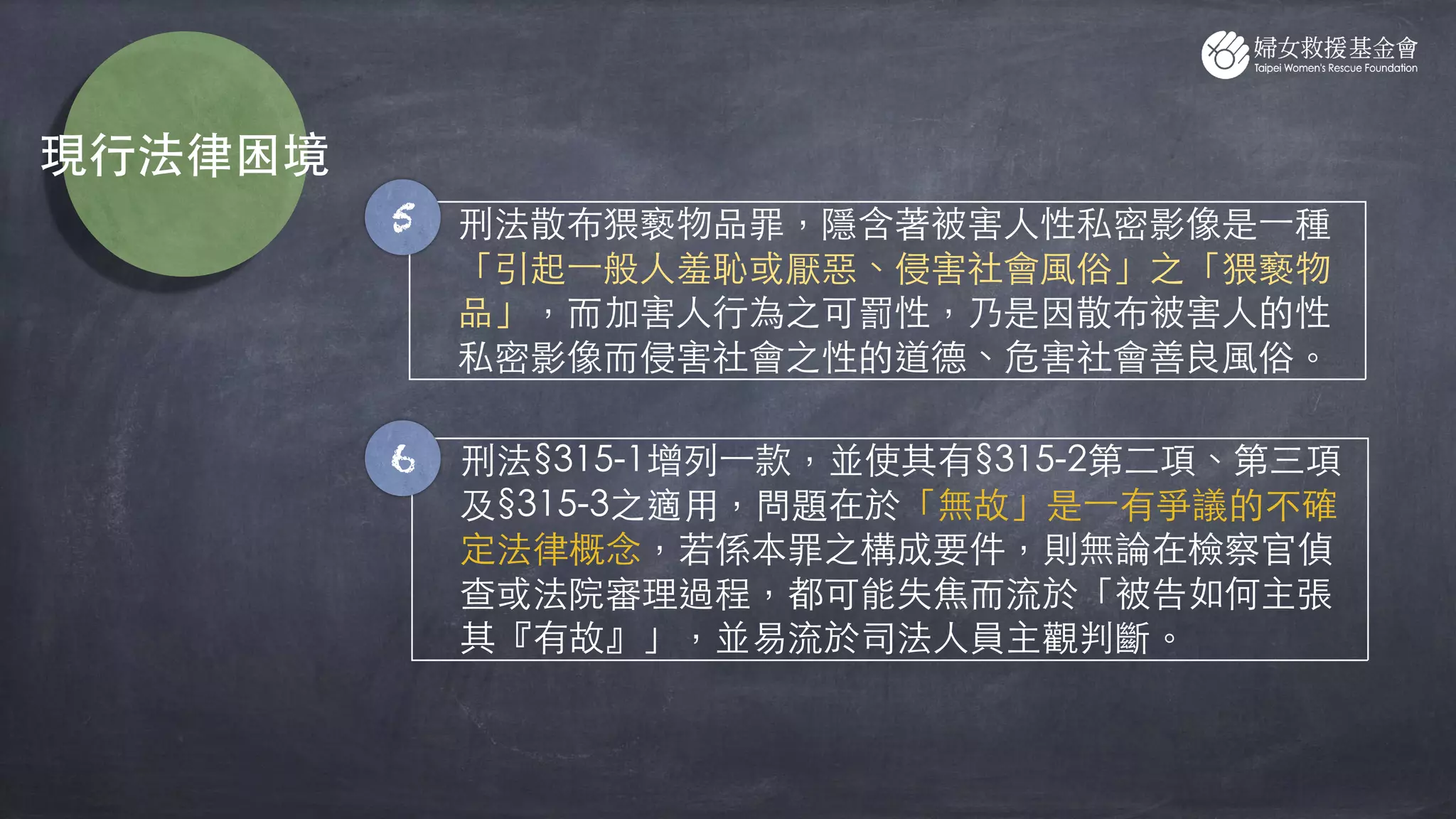 - 刑法散布猥褻物品罪，隱含著被害⼈性私密影像是⼀種
「引起⼀般⼈羞恥或厭惡、侵害社會⾵俗」之「猥褻物
品」，⽽加害⼈⾏為之可罰性，乃是因散布被害⼈的性
私密影像⽽侵害社會之性的道德、危害社會善良⾵俗。
- 刑法§315-1增列⼀款，並使其有§315-2第⼆項、第三項
及§315-3之適⽤，問題在於「無故」是⼀有爭議的不確
定法律概念，若係本罪之構成要件，則無論在檢察官偵
查或法院審理過程，都可能失焦⽽流於「被告如何主張
其『有故』」，並易流於司法⼈員主觀判斷。
5
6
現⾏法律困境
 