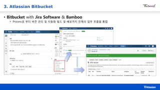 3. Atlassian Bitbucket
• Bitbucket with Jira Software & Bamboo
• Process로 부터 버전 관리 및 자동화 빌드 및 배포까지 전체의 업무 흐름을 통합
 
