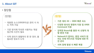 1. About GIT
• 장단점
[단점]
• 대용량 소스(100GB이상) 관리 시 속
도 저하 가능
• 기존 방식에 익숙한 사용자는 개념
접근에 시간이 필요
• 이력 관리가 원활하지 못 한 경우, 불
필요한 정보가 누적
[장점]
• 기존 대비 4X ~ 300X 빠른 속도
• 다양한 방식의 명령어 지원 및 UNIX
Command 지원
• 강력한 Branch를 통한 비 선형적 개
발 환경 지원
• Network가 없어도, 중앙 서버가 없
어도 언제 어디서든 작업에 대한 버
전 관리
• 서버 장애 발생 시 빠른 복원
 