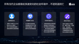 所有当代企业都身处快速变化的社会环境中，不进则退则亡
消费者变化
• 消费行为模式从AIDMA
转化为AISAS模式
• 用户分享体验和感受，
既是消费者也是营销者
传播媒介变化
• 社交媒体迅速发展，
传统媒体性价比下降
• 信息传播加速，多种
媒体综合使用是趋势
市场环境变化
• 互联网和移动互联网削
弱信息不对称的溢价
• 电子商务冲击传统渠道
，新旧品牌交替超车
• 全球化竞争导致国家间
和企业间的竞争加剧
新技术变化
• 各种大数据云计算服
务，降低IT风险，加速
反应，竞争激烈。
• 数据挖掘需求旺盛，
大数据管理成为政府
和企业高层主流思想
 