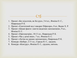 
1. Проект «Без відсотків, як без рук», 5-6 кл., Фокіна О. С.,
Навроцька Р. К.
2. Проект «Генетичний код і квадрат Піфагора», 8 кл. Явдик Х. Р.
3. Проект «Цікаві факти з життя видатних математиків», 9 кл.,
Фокіна О. С.
4. Проект «Оригаметрія», 10-11 кл., Навроцька Р. К.
5. Проект «Час у різні віки», 7 кл., Фокіна О. С.
6. Проект «Логіка на уроках математики», Навроцька Р. К.
7. Конкурс «Бобер», 2-11 кл., Середа Н. С., грудень.
8. Конкурс «Кенгуру», Фокіна О. С., грудень, квітень.
 
