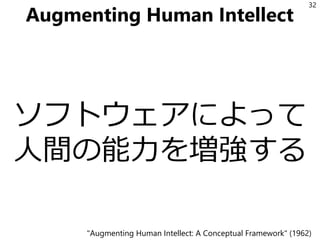 Augmenting Human Intellect
ソフトウェアによって
人間の能力を増強する
32
"Augmenting Human Intellect: A Conceptual Framework" (1962)
 