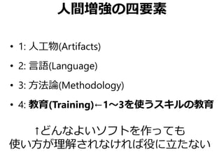 人間増強の四要素
• 1: 人工物(Artifacts)
• 2: 言語(Language)
• 3: 方法論(Methodology)
• 4: 教育(Training)←1～3を使うスキルの教育
↑どんなよいソフトを作っても
使い方が理解されなければ役に立たない
 