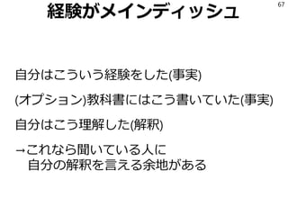 経験がメインディッシュ
自分はこういう経験をした(事実)
(オプション)教科書にはこう書いていた(事実)
自分はこう理解した(解釈)
→これなら聞いている人に
自分の解釈を言える余地がある
67
 