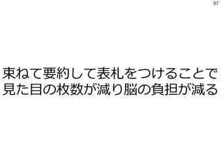 束ねて要約して表札をつけることで
見た目の枚数が減り脳の負担が減る
97
 