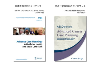 医療者向けのガイドブック
イギリス ナショナルヘルスサービス(NHS)
2007年刊行
患者と家族向けのガイドブック
アメリカ臨床腫瘍学会 (ASCO)
2015年刊行
 
