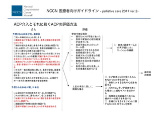 ☐月〜年単位の介入を話し合う
☐最後を過ごす場所に関する、患者と家族の希望を明
らかにする
☐病状の変化を考慮し患者の希望と決意を確認する
☐もし以前行っていなければ、患者の価値観やゴール
に合った適切な治療方法を提示する
☐ケアに関わるすべての医療者がACPの計画にアクセ
スできるように、ACPの書類（可能であればDNRの意思
を含めた）が完成されていることを確認する
☐患者のプランに対する家族の懸念や心配を明らかに
し、患者・家族のゴールや希望の不一致の解決策を探
る
☐その不一致の解決策に関して、患者や家族、医療者
の同意に至らない場合には、緩和ケアの専門家に相
談する
☐将来に対する恐れや不安を明らかにし、心理的サ
ポートを行う（精神的苦痛の管理を参照）
予想される余命が月、週単位
介入
予想される余命が週、日単位
☐上記の全ての項目を終えていることを確認する
☐ACPが実行され、遵守されていることを確認する
☐必要に応じ生命維持やCPRに関する患者の意思を明
らかにし確認する
☐臓器提供や剖検の意思を確認する
☐患者や家族にDNRを含むCPRの不利益を勧める
受容可能な場合
• 適切なACPが可能であった
• 患者や家族の心配の軽減
が出来ている
• 容認可能な本人のコント
ロール感
• 周囲のケアを与える方の
負担軽減できている
• 医療スタッフと患者との関
係が強化されている
• 最善の生活の質が提供さ
れている
• 患者の個人的な成長、人
生の意義を高めている
上記の項目に関して、
困難な場合
☐ なぜ患者がACPを受け入れら
れなかったかを検討する
☐ 病気に対する恐れや心配を検
討する
☐ ACPの話し合いが困難であっ
た場合には緩和ケア科を紹介す
る
☐ 精神状況の評価のために心
療内科への紹介を考慮する
☐ 悲嘆に対するマネジメントに関
するNCCNガイドラインを参照
☐ 患者と医療チームと
の再評価とコミュ
ケーションの継続
再評価
の継続
評価
ACP介入とそれに続くACPの評価方法
NCCN 医療者向けガイドライン - palliative care 2017 ver.2-
 