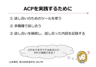 ACPを実践するために
① 話し合いのためのツールを使う
② 多職種で話し合う
③ 話し合いを継続し、話し合った内容を記録する
どれもできそうではあるけど…
それで実践できる？
山本瀬奈, 第25回乳癌学会 2017年
 