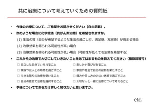 • 今後の治療について、ご希望をお聞かせください（自由記載）。
• 次のような場合に化学療法（抗がん剤治療）を希望されますか。
(1) 生活の質（自分が希望するような生活の過ごし方、満足感、充実感）が高まる場合
(2) 治療効果を得られる可能性が高い場合
(3) 治療効果を得られる可能性が低い場合（可能性が低くても治療を希望する）
• これからの治療で大切にしていきたいことをあてはまるものを教えてください（複数回答可）
□ 自立した自分でいられること □ 楽しみや喜びがあること
□ 家族や友人との時間を過ごすこと □ 家庭や社会で自分の役割を果たすこと
□ できる限りの治療を受けること □ 痛みや苦しみの少ない状態で過ごすこと
□ 自分の意思で治療を選択すること □ 大切な人と一緒に治療について考えること
• 予後についてできるだけ詳しく知りたいと思いますか。
共に治療について考えていくための質問紙
etc.
 