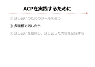 ACPを実践するために
① 話し合いのためのツールを使う
② 多職種で話し合う
③ 話し合いを継続し、話し合った内容を記録する
 