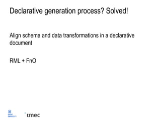Declarative generation process? Solved!
Align schema and data transformations in a declarative
document
RML + FnO
 