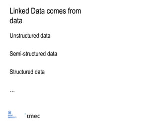 Linked Data comes from
data
Unstructured data
Semi-structured data
Structured data
…
 