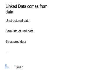 Linked Data comes from
processed data
Unstructured data Parse
Semi-structured data Extract
Structured data Add schema anno...
