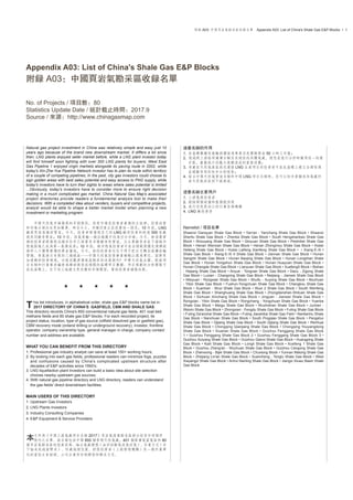 附录 A03: 中国页岩气勘采区收录名单　Appendix A03: List of China's Shale Gas E&P Blocks • 1
Appendix A03: List of China's Shale Gas E&P Blocks
附录 A03：中国页岩气勘采区收录名单
No. of Projects / 项目数：80
Statistics Update Date / 统计截止时间：2017.9
Source / 来源：http://www.chinagasmap.com
Natural gas project investment in China was relatively simple and easy just 10
years ago because of the brand new downstream market. It differs a lot since
then: LNG plants enjoyed seller market before, while a LNG plant investor today
will find himself soon fighting with over 300 LNG plants for buyers; West East
Gas Pipeline 1 enjoyed virgin markets alongside its paving route in 2002, while
today's Xin-Zhe-Yue Pipeline Network investor has to plan its route within territory
of a couple of competing pipelines; In the past, city gas investors could choose to
sign golden areas with best sales potential and easy access to PNG supply, while
today's investors have to turn their sights to areas where sales potential is limited
...Obviously, today's investors have to consider more to ensure right decision
making in a much complicated gas market. China Natural Gas Map's associated
project directories provide readers a fundamental analysis tool to make their
decisions. With a completed idea about venders, buyers and competitive projects,
analyst would be able to shape a better market model when planning a new
investment or marketing program.
　　中国天然气市场发展的早期阶段，培育市场是投资者业务的主旋律，投资决策
和市场占领往往更加简单。时至今日，多种因素正在改变这一情况：10 年前，LNG
厂商更容易操控买家，今天，投资者将发现自己的 LNG 厂很快会和超过 300 家厂
商共同竞争买家；10 年前，西气东输一线沿线几乎均为空白市场，今天，新浙粤管
网的投资者将发现沿线非但早已部署有多条竞争性管道，且主要竞争者在下游城市
燃气版块已成为第一集团成员；10 年前，城市燃气投资者可在全国范围优先选择经
济和人口优势兼备的黄金宝地，今天，新的投资者往往不得不把目光转向远离长输
管线、售气潜力有限的三线城区……中国天然气投资事业动辄以亿为单位。面对更
加复杂的投资环境，空谈宏观将导致高概率的决策误判！中华天然气全图、配套项
目名录和行业报告编委为读者提供成规模的基础项目数据。项目规划的分析团队可
在此基础上，自下而上地建立更完整的市场模型，帮助投资者谨慎决策。
★　　★　　★　　★　　★
his list introduces, in alphabetical order, shale gas E&P blocks name list in
2017 DIRECTORY OF CHINA'S GASFIELD, CBM AND SHALE GAS.
This directory records China's 850 conventional natural gas ﬁelds, 401 coal bed
methane ﬁelds and 80 shale gas E&P blocks. For each recorded project, its
project status, location, type of gas source (oilﬁeld dissolved gas or gasﬁeld gas),
CBM recovery mode (onland drilling or underground recovery), investor, frontline
operator, company ownership type, general manager in charge, company contact
number and address are available.
WHAT YOU CAN BENEFIT FROM THIS DIRECTORY
1. Professional gas industry analyst can save at least 150+ working hours;
2. By looking into each gas ﬁelds, professional readers can minimize fogs, puzzles
and confusions caused by China's complicated upstream structure after
decades of E&P activities since 1950's;
3. LNG liquefaction plant Investors can build a basic idea about site selection
choices nearby upstream gas sources;
4. With natural gas pipeline directory and LNG directory, readers can understand
the gas ﬁelds' direct downstream facilities.
MAIN USERS OF THIS DIRECTORY
1. Upstream Gas Investors
2. LNG Plants Investors
3. Industry Consulting Companies
4. E&P Equipment & Service Providers
　　文件为《中国上游气藏项目名录 2017》页岩气商业勘采区部分按首字母顺序
　　排列之名单。该名录包括中国 850 个常规天然气藏，401 个煤层气富集区和 80
个页岩气勘采区的投产状态、细分气藏类型（油田溶解气或气田气）、作业方式（井
下抽采或地面开采）、所处地理位置、控股投资者（上级管理机构）及一线作业单
位的当前主官经理、公司企业所有制类型和联系方式。
这套名录的作用
1. 在基础数据收集验证层面为专业信息团队节省 50 小时工作量；
2. 通过将上游格局层层分解至系统性的具体气藏，使您在进行分析时获得逐一的着
手点，尽量减少因庞大复杂造成的重重迷雾；
3. 考虑在天然气产区就近建设 LNG 生产项目的投资者可在此基础上建立全国性选
址建厂布局的初步分析框架；
4. 结合中国天然气管道名录和中国 LNG 项目名录时，您可以初步掌握这些气藏所
产天然气的直供下游渠道。
这套名录主要用户
1. 上游气源投资者
2. 勘探开发设备和服务提供商
3. 进行信息再加工的行业咨询机构
4. LNG 厂投资者
Namelist / 项目名单
Shaanxi Ganquan Shale Gas Block • Yan'an - Yanchang Shale Gas Block • Shaanxi
Shenfu Shale Gas Block • Zhenba Shale Gas Block • South Hengshanbao Shale Gas
Block • Shouyang Shale Gas Block • Qinyuan Shale Gas Block • Peishibei Shale Gas
Block • Henan Wenxian Shale Gas Block • Henan Zhongmou Shale Gas Block • Hubei
Hefeng Shale Gas Block • Hubei Laifeng Xianfeng Shale Gas Block • • Xiang-E-Xi I
Shale Gas Block • Xiang-E-Xi II Shale Gas Block • Jiannan Shale Gas Block • Hunan
Sangzhi Shale Gas Block • Hunan Baojing Shale Gas Block • Hunan Longshan Shale
Gas Block • Hunan Yongshun Shale Gas Block • Hunan Huayuan Shale Gas Block •
Hunan Changde Shale Gas Block • Lianyuan Shale Gas Block • Xuefeng5 Block • Bishan
- Hejiang Shale Gas Block • Anyue - Tongnan Shale Gas Block • Dazu - Zigong Shale
Gas Block • Luxian - Changning Shale Gas Block • Neijiang - Jianwei Shale Gas Block
• Weiyuan - Rongxian Shale Gas Block • Shuifu - Xuyong Shale Gas Block • Muchuan
- Yibin Shale Gas Block • Fushun-Yongchuan Shale Gas Block • Chengkou Shale Gas
Block • Xuanhan - Wuxi Shale Gas Block • Wuxi 2 Shale Gas Block • South Wenfeng
Shale Gas Block • Shanghuang Shale Gas Block • Zhongdanshan-Shituan Shale Gas
Block • Sichuan Xinchang Shale Gas Block • Jingyan - Jianwei Shale Gas Block •
Rongxian - Yibin Shale Gas Block • Rongchang - Yongchuan Shale Gas Block • Yuanba
Shale Gas Block • Meigu Shale Gas Block • Wuzhishan Shale Gas Block • Junlian -
Weixin Shale Gas Block • Zhongxian - Fengdu Shale Gas Block • Fuling Shale Gas Block
• Fuling Da'anzhai Shale Gas Block • Fuling Jiaoshiba Shale Gas Field • Nantianhu Shale
Gas Block • Nanchuan Shale Gas Block • South Pingqiao Shale Gas Block • Pengshui
Shale Gas Block • Qijiang Shale Gas Block • South Qijiang Shale Gas Block • Renhuai
Shale Gas Block • Chongqing Qianjiang Shale Gas Block • Chongqing Youyangdong
Shale Gas Block • Xiushan Shale Gas Block • Guizhou Fenggang Shale Gas Block
1 • Guizhou Fenggang Shale Gas Block 2 • Guizhou Fenggang Shale Gas Block 3 •
Guizhou Suiyang Shale Gas Block • Guizhou Qianxi Shale Gas Block • Huangping Shale
Gas Block • Kaili Shale Gas Block • Longli Shale Gas Block • Xuefeng 1 Shale Gas
Block • Guizhou Zheng'an - Wuchuan Shale Gas Block • Guizhou Cengong Shale Gas
Block • Zhenxiong - Bijie Shale Gas Block • Chuxiong Block • Yunnan Malong Shale Gas
Block • Zhejiang Lin'an Shale Gas Block • Xuancheng - Tonglu Shale Gas Block • West
Xiayangzi Shale Gas Block • Anhui Nanling Shale Gas Block • Jiangxi Xiuwu Basin Shale
Gas Block
T
本
 