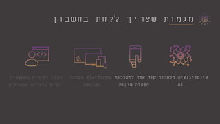 ‫בחשבון‬ ‫לקחת‬ ‫שצריך‬ ‫מגמות‬
‫באמצעות‬ ‫לפיתוח‬ ‫הכנה‬
‫מתקדמים‬ ‫גרפיים‬ ‫כלים‬
‫למערכות‬ ‫אחד‬ ‫קוד‬
‫שונות‬ ‫הפעלה‬
Cross Platforms
Design
‫מלאכותית‬ ‫אינטליגנציה‬
AI
 