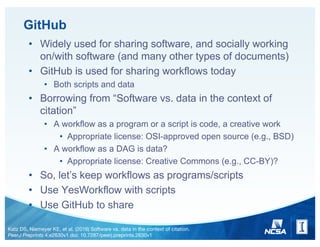 GitHub
• Widely used for sharing software, and socially working
on/with software (and many other types of documents)
• GitHub is used for sharing workflows today
• Both scripts and data
• Borrowing from “Software vs. data in the context of
citation”
• A workflow as a program or a script is code, a creative work
• Appropriate license: OSI-approved open source (e.g., BSD)
• A workflow as a DAG is data?
• Appropriate license: Creative Commons (e.g., CC-BY)?
• So, let’s keep workflows as programs/scripts
• Use YesWorkflow with scripts
• Use GitHub to share
Katz DS, Niemeyer KE, et al. (2016) Software vs. data in the context of citation.
PeerJ Preprints 4:e2630v1 doi: 10.7287/peerj.preprints.2630v1
 