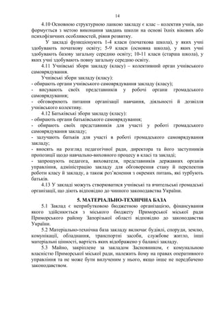 4.10 Основною структурною ланкою закладу є клас – колектив учнів, що
формується з метою виконання завдань школи на основі їхніх вікових або
психофізичних особливостей, рівня розвитку.
У закладі функціонують 1-4 класи (початкова школа), у яких учні
здобувають початкову освіту; 5-9 класи (основна школа), у яких учні
здобувають базову загальну середню освіту; 10-11 класи (старша школа), у
яких учні здобувають повну загальну середню освіту.
4.11 Учнівські збори закладу (класу) – колективний орган учнівського
самоврядування.
Учнівські збори закладу (класу):
- обирають органи учнівського самоврядування закладу (класу);
- висувають своїх представників у робочі органи громадського
самоврядування;
- обговорюють питання організації навчання, діяльності й дозвілля
учнівського колективу.
4.12 Батьківські збори закладу (класу):
- обирають органи батьківського самоврядування;
- обирають своїх представників для участі у роботі громадського
самоврядування закладу;
- залучають батьків для участі в роботі громадського самоврядування
закладу;
- вносять на розгляд педагогічної ради, директора та його заступників
пропозиції щодо навчально-виховного процесу в класі та закладі;
- запрошують педагога, вихователя, представників державних органів
управління, адміністрацію закладу для обговорення стану й перспектив
роботи класу й закладу, а також роз’яснення з окремих питань, які турбують
батьків.
4.13 У закладі можуть створюватися учнівські та вчительські громадські
організації, що діють відповідно до чинного законодавства України.
5. МАТЕРІАЛЬНО-ТЕХНІЧНА БАЗА
5.1 Заклад є неприбутковою бюджетною організацією, фінансування
якого здійснюється з міського бюджету Приморської міської ради
Приморського району Запорізької області відповідно до законодавства
України.
5.2 Матеріально-технічна база закладу включає будівлі, споруди, землю,
комунікації, обладнання, транспортні засоби, службове житло, інші
матеріальні цінності, вартість яких відображено у балансі закладу.
5.3 Майно, закріплене за закладом Засновником, є комунальною
власністю Приморської міської ради, належить йому на правах оперативного
управління та не може бути вилученим у нього, якщо інше не передбачено
законодавством.
14
 