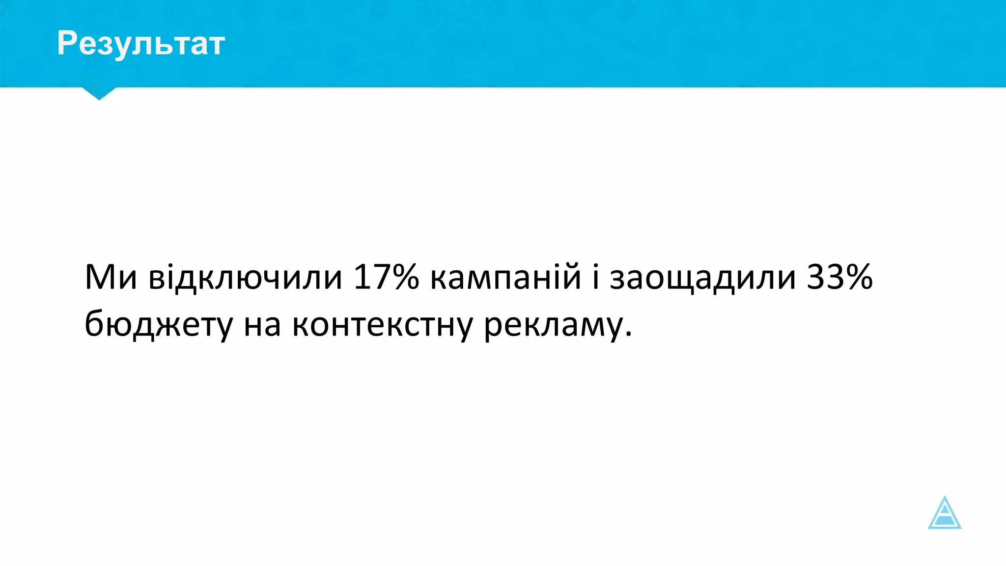 Результат
Ми відключили 17% кампаній і заощадили 33%
бюджету на контекстну рекламу.
 