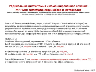 Поиск в 7 базах данных (PubMed, Scopus, EMBASE, Proquest, CINAHL и ClinicalTrials.gov) по
результатам рандомизированных контролируемых исследований, а также проспективным и
ретроспективным исследованиям, непосредственно сравнивающих РЦЭ и ОСЛ с момента
создания баз данных до марта 2016 г. Метаанализ общей (ОВ) и раковоспецифической
выживаемости (РСВ) с коэффициентами риска (HR) и 95% доверительными интервалами (CI).
РЕЗУЛЬТАТЫ:
Отобраны 19 исследований, оценивающих 12 380 субъектов.
Для 8 исследований, охватывающих 9 554 субъекта, не обнаружено различий ОВ в течение 5
лет (95% ДИ 0,72-1,29, Р = 0,778) или 10 лет (95% CI 0,73-1,42, P = 0,905).
Не отмечено различий в ОВ в течение 5 лет (95% DI 0,54-1,28, Р = 0,390),
10 лет (95% DI 0,89-1,55, Р = 0,264) или РСВ за 10 лет (95% ДИ 0,43-1,67, P = 0,639).
После РЦЭ отмечены более высокие показатели ранних серьезных осложнений (по шкале CD),
в то время как частота осложнений CD I-II одинакова при обоих методиках.
Радикальная цистэктомия и комбинированное лечение
МИРМП: систематический обзор и метаанализ
(Radical Cystectomy Compared to Combined Modality Treatment for Muscle-Invasive Bladder Cancer: A Systematic Review and Meta-Analysis.
Int J Radiat Oncol Biol Phys, 2017 Apr 1;97(5):1002-1020. doi: 10.1016/j.ijrobp.2016.11.056)
Vashistha V. et al., 2017
 