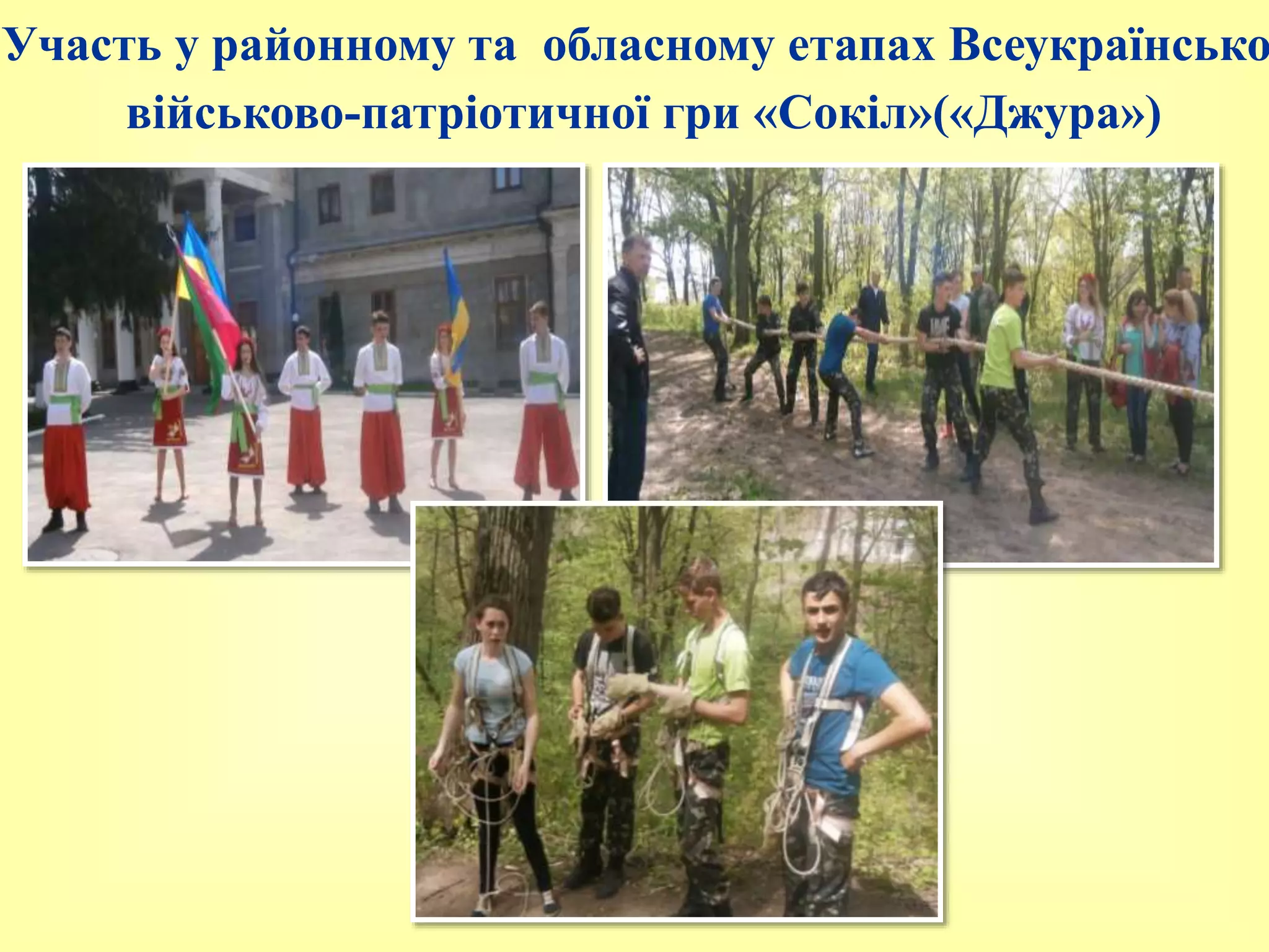 Участь у районному та обласному етапах Всеукраїнсько
військово-патріотичної гри «Сокіл»(«Джура»)
 