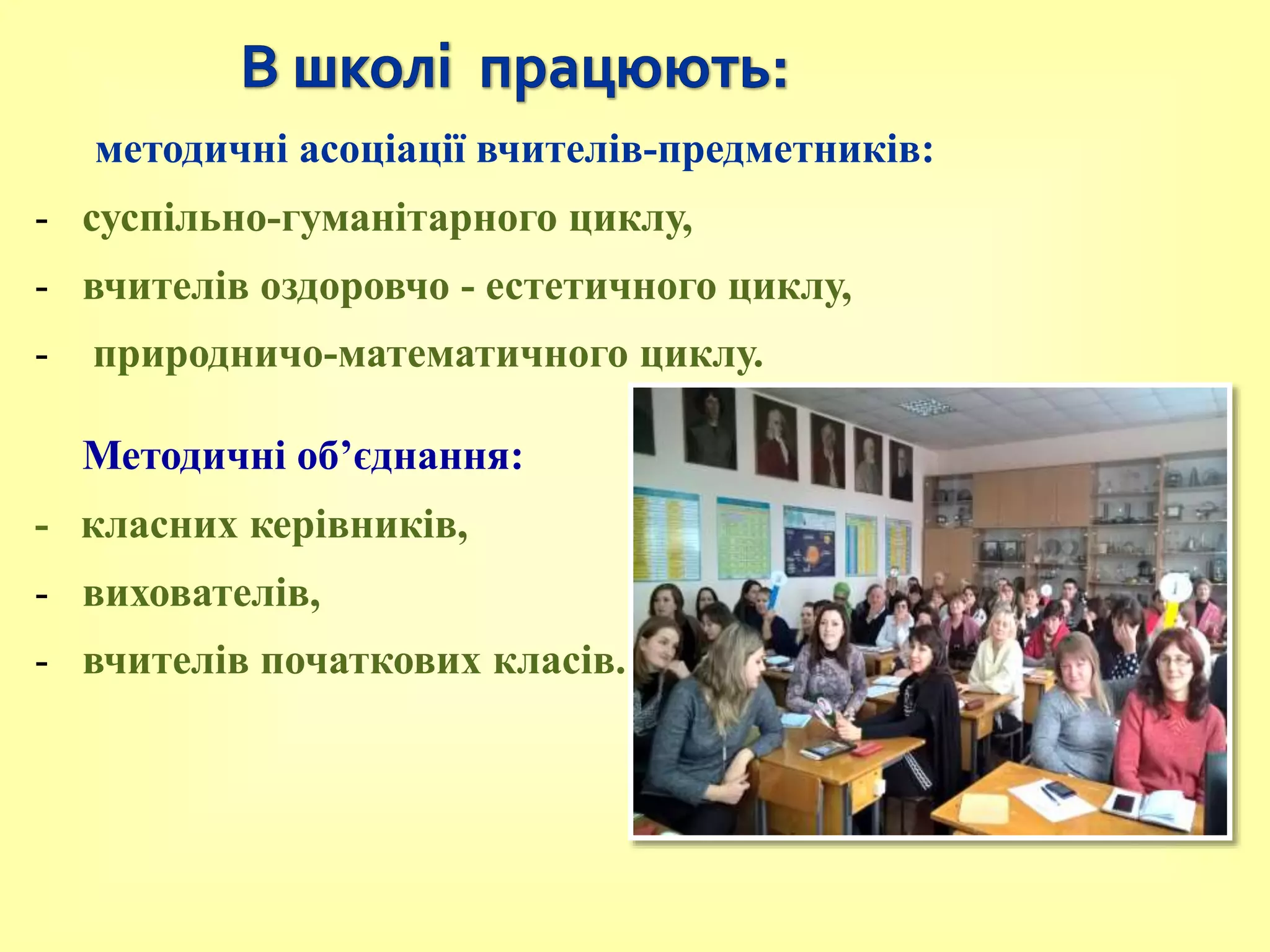 методичні асоціації вчителів-предметників:
- суспільно-гуманітарного циклу,
- вчителів оздоровчо - естетичного циклу,
- природничо-математичного циклу.
Методичні об’єднання:
- класних керівників,
- вихователів,
- вчителів початкових класів.
 