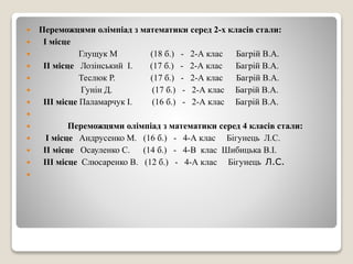  Переможцями олімпіад з математики серед 2-х класів стали:
 І місце
 Глущук М (18 б.) - 2-А клас Багрій В.А.
 ІІ місце Лозінський І. (17 б.) - 2-А клас Багрій В.А.
 Теслюк Р. (17 б.) - 2-А клас Багрій В.А.
 Гунін Д. (17 б.) - 2-А клас Багрій В.А.
 ІІІ місце Паламарчук І. (16 б.) - 2-А клас Багрій В.А.

 Переможцями олімпіад з математики серед 4 класів стали:
 І місце Андрусенко М. (16 б.) - 4-А клас Бігунець Л.С.
 ІІ місце Осауленко С. (14 б.) - 4-В клас Шибицька В.І.
 ІІІ місце Слюсаренко В. (12 б.) - 4-А клас Бігунець Л.С.

 