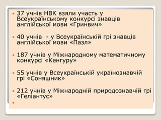  37 учнів НВК взяли участь у
Всеукраїнському конкурсі знавців
англійської мови «Гринвич»
 40 учнів - у Всеукраїнській грі знавців
англійської мови «Пазл»
 187 учнів у Міжнародному математичному
конкурсі «Кенгуру»
 55 учнів у Всеукраїнській українознавчій
грі «Соняшник»
 212 учнів у Міжнародній природознавчій грі
«Геліантус»

 