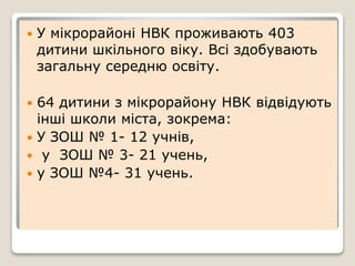  У мікрорайоні НВК проживають 403
дитини шкільного віку. Всі здобувають
загальну середню освіту.
 64 дитини з мікрорайону НВК відвідують
інші школи міста, зокрема:
 У ЗОШ № 1- 12 учнів,
 у ЗОШ № 3- 21 учень,
 у ЗОШ №4- 31 учень.
 