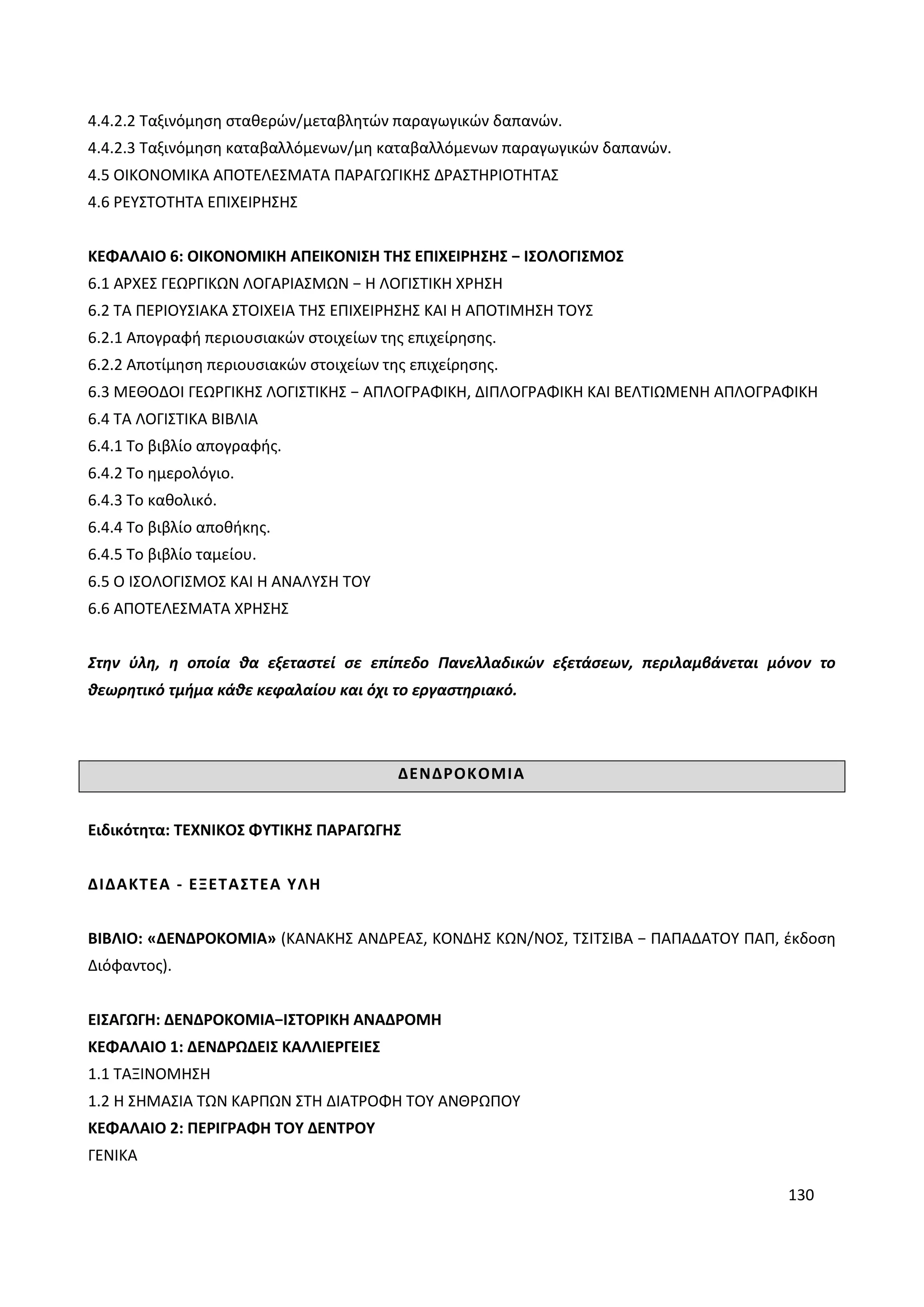 130
4.4.2.2 Ταξινόμηση σταθερών/μεταβλητών παραγωγικών δαπανών.
4.4.2.3 Ταξινόμηση καταβαλλόμενων/μη καταβαλλόμενων παραγωγικών δαπανών.
4.5 ΟΙΚΟΝΟΜΙΚΑ ΑΠΟΤΕΛΕΣΜΑΤΑ ΠΑΡΑΓΩΓΙΚΗΣ ΔΡΑΣΤΗΡΙΟΤΗΤΑΣ
4.6 ΡΕΥΣΤΟΤΗΤΑ ΕΠΙΧΕΙΡΗΣΗΣ
ΚΕΦΑΛΑΙΟ 6: ΟΙΚΟΝΟΜΙΚΗ ΑΠΕΙΚΟΝΙΣΗ ΤΗΣ ΕΠΙΧΕΙΡΗΣΗΣ − ΙΣΟΛΟΓΙΣΜΟΣ
6.1 ΑΡΧΕΣ ΓΕΩΡΓΙΚΩΝ ΛΟΓΑΡΙΑΣΜΩΝ − Η ΛΟΓΙΣΤΙΚΗ ΧΡΗΣΗ
6.2 ΤΑ ΠΕΡΙΟΥΣΙΑΚΑ ΣΤΟΙΧΕΙΑ ΤΗΣ ΕΠΙΧΕΙΡΗΣΗΣ ΚΑΙ Η ΑΠΟΤΙΜΗΣΗ ΤΟΥΣ
6.2.1 Απογραφή περιουσιακών στοιχείων της επιχείρησης.
6.2.2 Αποτίμηση περιουσιακών στοιχείων της επιχείρησης.
6.3 ΜΕΘΟΔΟΙ ΓΕΩΡΓΙΚΗΣ ΛΟΓΙΣΤΙΚΗΣ − ΑΠΛΟΓΡΑΦΙΚΗ, ΔΙΠΛΟΓΡΑΦΙΚΗ ΚΑΙ ΒΕΛΤΙΩΜΕΝΗ ΑΠΛΟΓΡΑΦΙΚΗ
6.4 ΤΑ ΛΟΓΙΣΤΙΚΑ ΒΙΒΛΙΑ
6.4.1 Το βιβλίο απογραφής.
6.4.2 Το ημερολόγιο.
6.4.3 Το καθολικό.
6.4.4 Το βιβλίο αποθήκης.
6.4.5 Το βιβλίο ταμείου.
6.5 Ο ΙΣΟΛΟΓΙΣΜΟΣ ΚΑΙ Η ΑΝΑΛΥΣΗ ΤΟΥ
6.6 ΑΠΟΤΕΛΕΣΜΑΤΑ ΧΡΗΣΗΣ
Στην ύλη, η οποία θα εξεταστεί σε επίπεδο Πανελλαδικών εξετάσεων, περιλαμβάνεται μόνον το
θεωρητικό τμήμα κάθε κεφαλαίου και όχι το εργαστηριακό.
ΔΕΝΔΡΟΚΟΜΙΑ
Ειδικότητα: ΤΕΧΝΙΚΟΣ ΦΥΤΙΚΗΣ ΠΑΡΑΓΩΓΗΣ
ΔΙΔΑΚΤΕΑ - ΕΞΕΤΑΣΤΕΑ ΥΛΗ
ΒΙΒΛΙΟ: «ΔΕΝΔΡΟΚΟΜΙΑ» (ΚΑΝΑΚΗΣ ΑΝΔΡΕΑΣ, ΚΟΝΔΗΣ ΚΩΝ/ΝΟΣ, ΤΣΙΤΣΙΒΑ − ΠΑΠΑΔΑΤΟΥ ΠΑΠ, έκδοση
Διόφαντος).
ΕΙΣΑΓΩΓΗ: ΔΕΝΔΡΟΚΟΜΙΑ−ΙΣΤΟΡΙΚΗ ΑΝΑΔΡΟΜΗ
ΚΕΦΑΛΑΙΟ 1: ΔΕΝΔΡΩΔΕΙΣ ΚΑΛΛΙΕΡΓΕΙΕΣ
1.1 ΤΑΞΙΝΟΜΗΣΗ
1.2 Η ΣΗΜΑΣΙΑ ΤΩΝ ΚΑΡΠΩΝ ΣΤΗ ΔΙΑΤΡΟΦΗ ΤΟΥ ΑΝΘΡΩΠΟΥ
ΚΕΦΑΛΑΙΟ 2: ΠΕΡΙΓΡΑΦΗ ΤΟΥ ΔΕΝΤΡΟΥ
ΓΕΝΙΚΑ
 