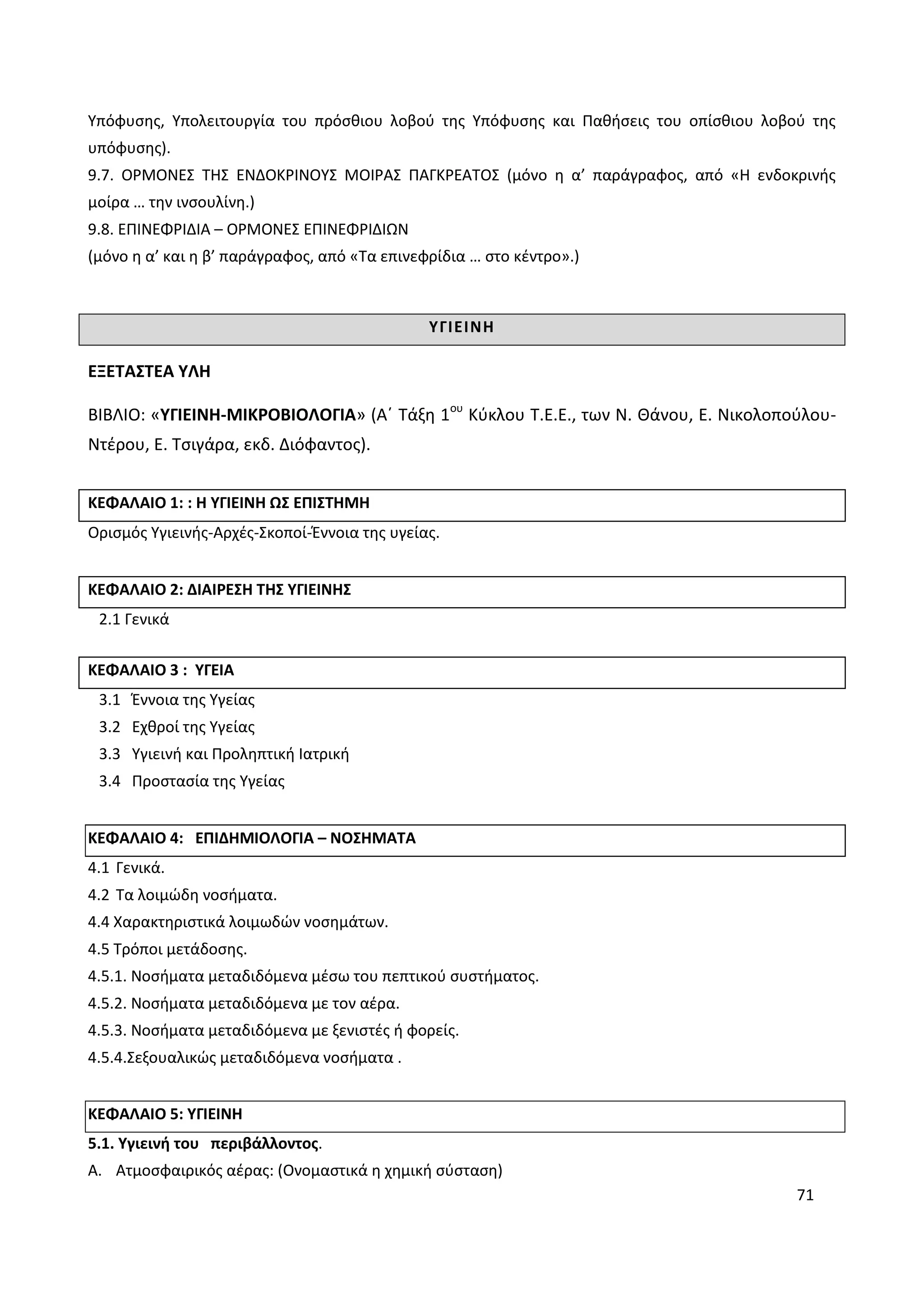 71
Υπόφυσης, Υπολειτουργία του πρόσθιου λοβού της Υπόφυσης και Παθήσεις του οπίσθιου λοβού της
υπόφυσης).
9.7. ΟΡΜΟΝΕΣ ΤΗΣ ΕΝΔΟΚΡΙΝΟΥΣ ΜΟΙΡΑΣ ΠΑΓΚΡΕΑΤΟΣ (μόνο η α’ παράγραφος, από «Η ενδοκρινής
μοίρα … την ινσουλίνη.)
9.8. ΕΠΙΝΕΦΡΙΔΙΑ – ΟΡΜΟΝΕΣ ΕΠΙΝΕΦΡΙΔΙΩΝ
(μόνο η α’ και η β’ παράγραφος, από «Τα επινεφρίδια … στο κέντρο».)
ΥΓΙΕΙΝΗ
ΕΞΕΤΑΣΤΕΑ ΥΛΗ
ΒΙΒΛΙΟ: «ΥΓΙΕΙΝΗ-ΜΙΚΡΟΒΙΟΛΟΓΙΑ» (Α΄ Τάξη 1ου
Κύκλου Τ.Ε.Ε., των Ν. Θάνου, Ε. Νικολοπούλου-
Ντέρου, Ε. Τσιγάρα, εκδ. Διόφαντος).
ΚΕΦΑΛΑΙΟ 1: : Η ΥΓΙΕΙΝΗ ΩΣ ΕΠΙΣΤΗΜΗ
Ορισμός Υγιεινής-Αρχές-Σκοποί-Έννοια της υγείας.
ΚΕΦΑΛΑΙΟ 2: ΔΙΑΙΡΕΣΗ ΤΗΣ ΥΓΙΕΙΝΗΣ
2.1 Γενικά
ΚΕΦΑΛΑΙΟ 3 : ΥΓΕΙΑ
3.1 Έννοια της Υγείας
3.2 Εχθροί της Υγείας
3.3 Υγιεινή και Προληπτική Ιατρική
3.4 Προστασία της Υγείας
ΚΕΦΑΛΑΙΟ 4: ΕΠΙΔΗΜΙΟΛΟΓΙΑ – ΝΟΣΗΜΑΤΑ
4.1 Γενικά.
4.2 Τα λοιμώδη νοσήματα.
4.4 Χαρακτηριστικά λοιμωδών νοσημάτων.
4.5 Τρόποι μετάδοσης.
4.5.1. Νοσήματα μεταδιδόμενα μέσω του πεπτικού συστήματος.
4.5.2. Νοσήματα μεταδιδόμενα με τον αέρα.
4.5.3. Νοσήματα μεταδιδόμενα με ξενιστές ή φορείς.
4.5.4.Σεξουαλικώς μεταδιδόμενα νοσήματα .
ΚΕΦΑΛΑΙΟ 5: ΥΓΙΕΙΝΗ
5.1. Υγιεινή του περιβάλλοντος.
A. Ατμοσφαιρικός αέρας: (Ονομαστικά η χημική σύσταση)
 