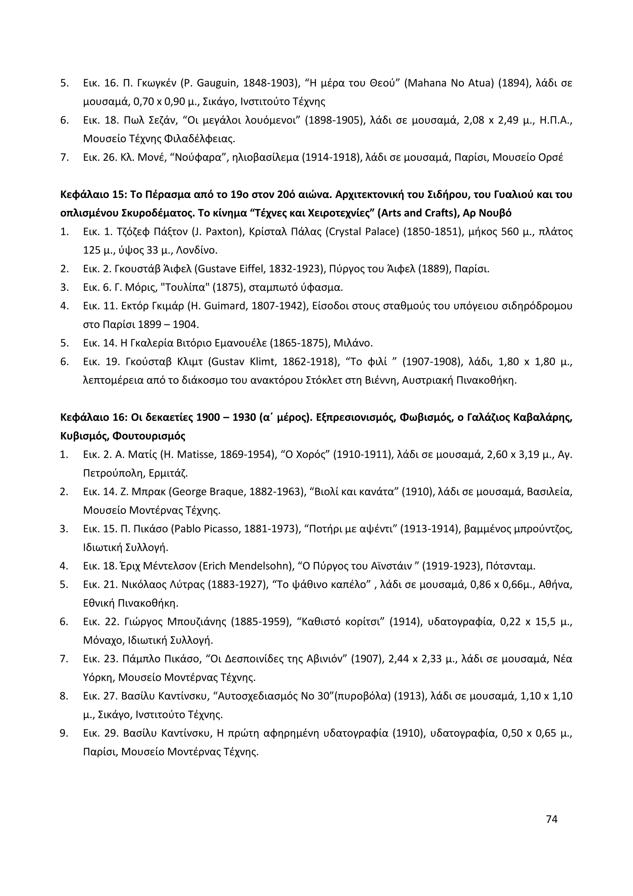 74
5. Εικ. 16. Π. Γκωγκέν (P. Gauguin, 1848-1903), “Η μέρα του Θεού” (Mahana No Atua) (1894), λάδι σε
μουσαμά, 0,70 x 0,90 μ., Σικάγο, Ινστιτούτο Τέχνης
6. Εικ. 18. Πωλ Σεζάν, “Οι μεγάλοι λουόμενοι” (1898-1905), λάδι σε μουσαμά, 2,08 x 2,49 μ., Η.Π.Α.,
Μουσείο Τέχνης Φιλαδέλφειας.
7. Εικ. 26. Κλ. Μονέ, “Νούφαρα”, ηλιοβασίλεμα (1914-1918), λάδι σε μουσαμά, Παρίσι, Μουσείο Ορσέ
Κεφάλαιο 15: Το Πέρασμα από το 19ο στον 20ό αιώνα. Αρχιτεκτονική του Σιδήρου, του Γυαλιού και του
οπλισμένου Σκυροδέματος. Το κίνημα “Τέχνες και Χειροτεχνίες” (Arts and Crafts), Αρ Νουβό
1. Εικ. 1. Τζόζεφ Πάξτον (J. Paxton), Κρίσταλ Πάλας (Crystal Palace) (1850-1851), μήκος 560 μ., πλάτος
125 μ., ύψος 33 μ., Λονδίνο.
2. Εικ. 2. Γκουστάβ Άιφελ (Gustave Eiffel, 1832-1923), Πύργος του Άιφελ (1889), Παρίσι.
3. Εικ. 6. Γ. Μόρις, "Τουλίπα" (1875), σταμπωτό ύφασμα.
4. Εικ. 11. Εκτόρ Γκιμάρ (H. Guimard, 1807-1942), Είσοδοι στους σταθμούς του υπόγειου σιδηρόδρομου
στο Παρίσι 1899 – 1904.
5. Εικ. 14. Η Γκαλερία Βιτόριο Εμανουέλε (1865-1875), Μιλάνο.
6. Εικ. 19. Γκούσταβ Κλιμτ (Gustav Klimt, 1862-1918), “Το φιλί ” (1907-1908), λάδι, 1,80 x 1,80 μ.,
λεπτομέρεια από το διάκοσμο του ανακτόρου Στόκλετ στη Βιέννη, Αυστριακή Πινακοθήκη.
Κεφάλαιο 16: Οι δεκαετίες 1900 – 1930 (α΄ μέρος). Εξπρεσιονισμός, Φωβισμός, ο Γαλάζιος Καβαλάρης,
Κυβισμός, Φουτουρισμός
1. Εικ. 2. Α. Ματίς (Η. Matisse, 1869-1954), “Ο Χορός” (1910-1911), λάδι σε μουσαμά, 2,60 x 3,19 μ., Αγ.
Πετρούπολη, Ερμιτάζ.
2. Εικ. 14. Ζ. Μπρακ (George Braque, 1882-1963), “Βιολί και κανάτα” (1910), λάδι σε μουσαμά, Βασιλεία,
Μουσείο Μοντέρνας Τέχνης.
3. Εικ. 15. Π. Πικάσο (Pablo Picasso, 1881-1973), “Ποτήρι με αψέντι” (1913-1914), βαμμένος μπρούντζος,
Ιδιωτική Συλλογή.
4. Εικ. 18. Έριχ Μέντελσον (Erich Mendelsohn), “Ο Πύργος του Αϊνστάιν ” (1919-1923), Πότσνταμ.
5. Εικ. 21. Νικόλαος Λύτρας (1883-1927), “Το ψάθινο καπέλο” , λάδι σε μουσαμά, 0,86 x 0,66μ., Αθήνα,
Εθνική Πινακοθήκη.
6. Εικ. 22. Γιώργος Μπουζιάνης (1885-1959), “Καθιστό κορίτσι” (1914), υδατογραφία, 0,22 x 15,5 μ.,
Μόναχο, Ιδιωτική Συλλογή.
7. Εικ. 23. Πάμπλο Πικάσο, “Οι Δεσποινίδες της Αβινιόν” (1907), 2,44 x 2,33 μ., λάδι σε μουσαμά, Νέα
Υόρκη, Μουσείο Μοντέρνας Τέχνης.
8. Εικ. 27. Βασίλυ Καντίνσκυ, “Αυτοσχεδιασμός No 30”(πυροβόλα) (1913), λάδι σε μουσαμά, 1,10 x 1,10
μ., Σικάγο, Ινστιτούτο Τέχνης.
9. Εικ. 29. Βασίλυ Καντίνσκυ, Η πρώτη αφηρημένη υδατογραφία (1910), υδατογραφία, 0,50 x 0,65 μ.,
Παρίσι, Μουσείο Μοντέρνας Τέχνης.
 