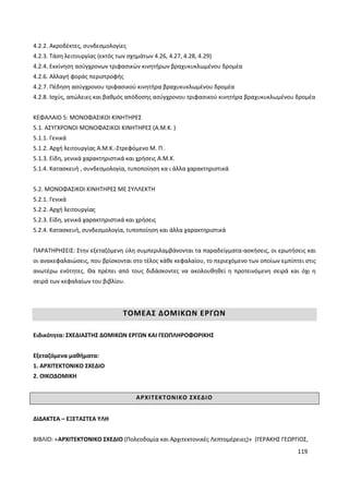 119
4.2.2. Ακροδέκτες, συνδεσμολογίες
4.2.3. Τάση λειτουργίας (εκτός των σχημάτων 4.26, 4.27, 4.28, 4.29)
4.2.4. Εκκίνηση ασύγχρονων τριφασικών κινητήρων βραχυκυκλωμένου δρομέα
4.2.6. Αλλαγή φοράς περιστροφής
4.2.7. Πέδηση ασύγχρονου τριφασικού κινητήρα βραχυκυκλωμένου δρομέα
4.2.8. Ισχύς, απώλειες και βαθμός απόδοσης ασύγχρονου τριφασικού κινητήρα βραχυκυκλωμένου δρομέα
ΚΕΦΑΛΑΙΟ 5: ΜΟΝΟΦΑΣΙΚΟΙ ΚΙΝΗΤΗΡΕΣ
5.1. ΑΣΥΓΧΡΟΝΟΙ ΜΟΝΟΦΑΣΙΚΟΙ ΚΙΝΗΤΗΡΕΣ (Α.Μ.Κ. )
5.1.1. Γενικά
5.1.2. Αρχή λειτουργίας Α.Μ.Κ.-Στρεφόμενο Μ. Π .
5.1.3. Είδη, γενικά χαρακτηριστικά και χρήσεις Α.Μ.Κ.
5.1.4. Κατασκευή , συνδεσμολογία, τυποποίηση κα ι άλλα χαρακτηριστικά
5.2. ΜΟΝΟΦΑΣΙΚΟΙ ΚΙΝΗΤΗΡΕΣ ΜΕ ΣΥΛΛΕΚΤΗ
5.2.1. Γενικά
5.2.2. Αρχή λειτουργίας
5.2.3. Είδη, γενικά χαρακτηριστικά και χρήσεις
5.2.4. Κατασκευή, συνδεσμολογία, τυποποίηση και άλλα χαρακτηριστικά
ΠΑΡΑΤΗΡΗΣΕΙΣ: Στην εξεταζόμενη ύλη συμπεριλαμβάνονται τα παραδείγματα-ασκήσεις, οι ερωτήσεις και
οι ανακεφαλαιώσεις, που βρίσκονται στο τέλος κάθε κεφαλαίου, το περιεχόμενο των οποίων εμπίπτει στις
ανωτέρω ενότητες. Θα πρέπει από τους διδάσκοντες να ακολουθηθεί η προτεινόμενη σειρά και όχι η
σειρά των κεφαλαίων του βιβλίου.
ΤΟΜΕΑΣ ΔΟΜΙΚΩΝ ΕΡΓΩΝ
Ειδικότητα: ΣΧΕΔΙΑΣΤΗΣ ΔΟΜΙΚΩΝ ΕΡΓΩΝ ΚΑΙ ΓΕΩΠΛΗΡΟΦΟΡΙΚΗΣ
Εξεταζόμενα μαθήματα:
1. ΑΡΧΙΤΕΚΤΟΝΙΚΟ ΣΧΕΔΙΟ
2. ΟΙΚΟΔΟΜΙΚΗ
ΑΡΧΙΤΕΚΤΟΝΙΚΟ ΣΧΕΔΙΟ
ΔΙΔΑΚΤΕΑ – ΕΞΕΤΑΣΤΕΑ ΥΛΗ
ΒΙΒΛΙΟ: «ΑΡΧΙΤΕΚΤΟΝΙΚΟ ΣΧΕΔΙΟ (Πολεοδομία και Αρχιτεκτονικές Λεπτομέρειες)» (ΓΕΡΑΚΗΣ ΓΕΩΡΓΙΟΣ,
 