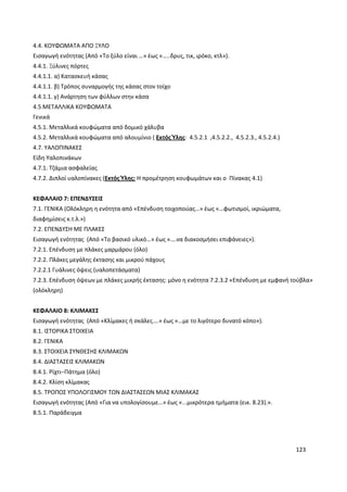 123
4.4. ΚΟΥΦΩΜΑΤΑ ΑΠΟ ΞΥΛΟ
Εισαγωγή ενότητας (Από «Το ξύλο είναι …» έως «…..δρυς, τικ, ιρόκο, κτλ»).
4.4.1. Ξύλινες πόρτες
4.4.1.1. α) Κατασκευή κάσας
4.4.1.1. β) Τρόπος συναρμογής της κάσας στον τοίχο
4.4.1.1. γ) Ανάρτηση των φύλλων στην κάσα
4.5 ΜΕΤΑΛΛΙΚΑ ΚΟΥΦΩΜΑΤΑ
Γενικά
4.5.1. Μεταλλικά κουφώματα από δομικό χάλυβα
4.5.2. Μεταλλικά κουφώματα από αλουμίνιο ( Εκτός Ύλης: 4.5.2.1 ,4.5.2.2., 4.5.2.3., 4.5.2.4.)
4.7. ΥΑΛΟΠΙΝΑΚΕΣ
Είδη Υαλοπινάκων
4.7.1. Τζάμια ασφαλείας
4.7.2. Διπλοί υαλοπίνακες (Εκτός Ύλης: H προμέτρηση κουφωμάτων και ο Πίνακας 4.1)
ΚΕΦΑΛΑΙΟ 7: ΕΠΕΝΔΥΣΕΙΣ
7.1. ΓΕΝΙΚΑ (Ολόκληρη η ενότητα από «Επένδυση τοιχοποιίας…» έως «…φωτισμοί, ικριώματα,
διαφημίσεις κ.τ.λ.»)
7.2. ΕΠΕΝΔΥΣΗ ΜΕ ΠΛΑΚΕΣ
Εισαγωγή ενότητας (Από «Το βασικό υλικό…» έως «….να διακοσμήσει επιφάνειες»).
7.2.1. Επένδυση με πλάκες μαρμάρου (όλο)
7.2.2. Πλάκες μεγάλης έκτασης και μικρού πάχους
7.2.2.1 Γυάλινες όψεις (υαλοπετάσματα)
7.2.3. Επένδυση όψεων με πλάκες μικρής έκτασης: μόνο η ενότητα 7.2.3.2 «Επένδυση με εμφανή τούβλα»
(ολόκληρη)
ΚΕΦΑΛΑΙΟ 8: ΚΛΙΜΑΚΕΣ
Εισαγωγή ενότητας (Από «Κλίμακες ή σκάλες….» έως «…με το λιγότερο δυνατό κόπο»).
8.1. ΙΣΤΟΡΙΚΑ ΣΤΟΙΧΕΙΑ
8.2. ΓΕΝΙΚΑ
8.3. ΣΤΟΙΧΕΙΑ ΣΥΝΘΕΣΗΣ ΚΛΙΜΑΚΩΝ
8.4. ΔΙΑΣΤΑΣΕΙΣ ΚΛΙΜΑΚΩΝ
8.4.1. Ρίχτι−Πάτημα (όλο)
8.4.2. Κλίση κλίμακας
8.5. ΤΡΟΠΟΣ ΥΠΟΛΟΓΙΣΜΟΥ ΤΩΝ ΔΙΑΣΤΑΣΕΩΝ ΜΙΑΣ ΚΛΙΜΑΚΑΣ
Εισαγωγή ενότητας (Από «Για να υπολογίσουμε…» έως «...μικρότερα τμήματα (εικ. 8.23).».
8.5.1. Παράδειγμα
 