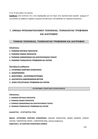 128
4.3.6. Ο νέος ρόλος της ηγεσίας
Διόρθωση: Στην ενότητα 2.4.2, στην παράγραφο για τον Fayol, στην προτελευταία περίοδο (γραμμή 27
της σελίδας του βιβλίου) η φράση «εργασίες διεύθυνσης» να διορθωθεί σε «εργασίες διοίκησης».
Γ. ΟΜΑΔΑ ΠΡΟΣΑΝΑΤΟΛΙΣΜΟΥ ΓΕΩΠΟΝΙΑΣ, ΤΕΧΝΟΛΟΓΙΑΣ ΤΡΟΦΙΜΩΝ
ΚΑΙ ΔΙΑΤΡΟΦΗΣ
ΤΟΜΕΑΣ ΓΕΩΠΟΝΙΑΣ, ΤΕΧΝΟΛΟΓΙΑΣ ΤΡΟΦΙΜΩΝ ΚΑΙ ΔΙΑΤΡΟΦΗΣ
Ειδικότητες:
1. ΤΕΧΝΙΚΟΣ ΦΥΤΙΚΗΣ ΠΑΡΑΓΩΓΗΣ
2. ΤΕΧΝΙΚΟΣ ΖΩΙΚΗΣ ΠΑΡΑΓΩΓΗΣ
3. ΤΕΧΝΙΚΟΣ ΑΝΘΟΚΟΜΙΑΣ ΚΑΙ ΑΡΧΙΤΕΚΤΟΝΙΚΗΣ ΤΟΠΙΟΥ
4. ΤΕΧΝΙΚΟΣ ΤΕΧΝΟΛΟΓΙΑΣ ΤΡΟΦΙΜΩΝ ΚΑΙ ΠΟΤΩΝ
Εξεταζόμενα μαθήματα:
1. ΣΥΓΧΡΟΝΕΣ ΓΕΩΡΓΙΚΕΣ ΕΠΙΧΕΙΡΗΣΕΙΣ
2. ΔΕΝΔΡΟΚΟΜΙΑ
3. ΒΟΟΤΡΟΦΙΑ – ΑΙΓΟΠΡΟΒΑΤΟΤΡΟΦΙΑ
4. ΚΑΛΛΙΕΡΓΕΙΑ ΑΝΘΟΚΟΜΙΚΩΝ ΦΥΤΩΝ
5. ΑΡΧΕΣ ΕΠΕΞΕΡΓΑΣΙΑΣ ΤΡΟΦΙΜΩΝ ΚΑΙ ΠΟΤΩΝ
ΣΥΓΧΡΟΝΕΣ ΓΕΩΡΓΙΚΕΣ ΕΠΙΧΕΙΡΗΣΕΙΣ
Ειδικότητες:
1. ΤΕΧΝΙΚΟΣ ΦΥΤΙΚΗΣ ΠΑΡΑΓΩΓΗΣ
2. ΤΕΧΝΙΚΟΣ ΖΩΙΚΗΣ ΠΑΡΑΓΩΓΗΣ
3. ΤΕΧΝΙΚΟΣ ΑΝΘΟΚΟΜΙΑΣ ΚΑΙ ΑΡΧΙΤΕΚΤΟΝΙΚΗΣ ΤΟΠΙΟΥ
4. ΤΕΧΝΙΚΟΣ ΤΕΧΝΟΛΟΓΙΑΣ ΤΡΟΦΙΜΩΝ ΚΑΙ ΠΟΤΩΝ
ΔΙΔΑΚΤΕΑ - ΕΞΕΤΑΣΤΕΑ ΥΛΗ
ΒΙΒΛΙΟ: «ΣΥΓΧΡΟΝΕΣ ΓΕΩΡΓΙΚΕΣ ΕΠΙΧΕΙΡΗΣΕΙΣ» (ΚΑΛΔΗΣ ΠΑΝΑΓΙΩΤΗΣ, ΝΑΝΟΣ ΙΩΑΝΝΗΣ, ΣΠΑΘΗΣ
ΠΑΥΛΟΣ, ΤΑΧΟΠΟΥΛΟΣ ΠΕΡΙΚΛ. ,ΤΣΙΜΠΟΥΚΑΣ ΚΩΝ., έκδοση Διόφαντος).
ΚΕΦΑΛΑΙΟ 1: ΟΙ ΓΕΩΡΓΙΚΕΣ ΕΠΙΧΕΙΡΗΣΕΙΣ ΣΗΜΕΡΑ
 