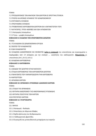 132
ΓΕΝΙΚΑ
7.2 ΠΡΟΣΔΙΟΡΙΣΜΟΣ ΤΩΝ ΑΝΑΓΚΩΝ ΤΩΝ ΔΕΝΤΡΩΝ ΣΕ ΘΡΕΠΤΙΚΑ ΣΤΟΙΧΕΙΑ
7.3 ΤΡΟΠΟΙ ΚΑ ΧΡΟΝΟΣ ΛΙΠΑΝΣΗΣ ΤΟΥ ΔΕΝΔΡΟΚΟΜΕΙΟΥ
7.4 ΣΥΣΤΗΜΑΤΑ ΛΙΠΑΝΣΗΣ
7.5 ΠΡΟΓΡΑΜΜΑ ΛΙΠΑΝΣΗΣ
7.6 ΤΡΟΦΟΠΕΝΙΕΣ ΚΑΡΠΟΦΟΡΩΝ ΔΕΝΤΡΩΝ ΚΑΙ Η ΑΝΤΙΜΕΤΩΠΙΣΗ ΤΟΥΣ
7.7 ΚΑΤΗΓΟΡΙΕΣ, ΤΥΠΟΙ−ΜΟΡΦΕΣ ΚΑΙ ΕΙΔΗ ΛΙΠΑΣΜΑΤΩΝ
7.7.1 Κατηγορίες λιπασμάτων
7.7.2 Τύποι − μορφές λιπασμάτων
ΚΕΦΑΛΑΙΟ 8: ΚΛΑΔΕΜΑ ΤΩΝ ΟΠΩΡΟΦΟΡΩΝ ΔΕΝΔΡΩΝ
ΓΕΝΙΚΑ
8.1 ΤΟ ΚΛΑΔΕΜΑ ΩΣ ΔΕΝΔΡΟΚΟΜΙΚΗ ΕΡΓΑΣΙΑ
8.2 ΣΚΟΠΟΙ ΤΟΥ ΚΛΑΔΕΜΑΤΟΣ
8.3 ΕΙΔΗ ΚΛΑΔΕΜΑΤΟΣ
8.4 ΚΛΑΔΕΜΑ ΔΙΑΜΟΡΦΩΣΗΣ ΚΑΙ ΣΧΗΜΑΤΟΣ (μόνο η εισαγωγή της υποενότητας και συγκεκριμένα η
παράγραφος από «Η απόφαση για την επιλογή …. ικανότητες του καλλιεργητή». Εξαιρούνται οι
υποενότητες 8.4.1, 8.4.2, 8.4.3.)
8.5 ΚΛΑΔΕΜΑ ΚΑΡΠΟΦΟΡΙΑΣ
ΚΕΦΑΛΑΙΟ 9: ΚΑΡΠΟΦΟΡΙΑ
ΓΕΝΙΚΑ
9.1 ΕΙΣΟΔΟΣ ΤΟΥ ΔΕΝΤΡΟΥ ΣΤΗΝ ΠΑΡΑΓΩΓΗ
9.2 ΣΤΑΔΙΑ ΚΑΡΠΟΦΟΡΙΑΣ ΤΩΝ ΚΑΡΠΟΦΟΡΩΝ ΔΕΝΤΡΩΝ
9.3 ΠΑΡΑΓΟΝΤΕΣ ΠΟΥ ΠΑΡΕΜΠΟΔΙΖΟΥΝ ΤΗΝ ΚΑΡΠΟΦΟΡΙΑ
9.4 ΚΑΡΠΟΠΤΩΣΗ
9.5 ΑΡΑΙΩΜΑ ΚΑΡΠΩΝ
ΚΕΦΑΛΑΙΟ 10: ΩΡΙΜΑΝΣΗ−ΣΥΓΚΟΜΙΔΗ−ΔΙΑΚΙΝΗΣΗ ΚΑΡΠΩΝ
ΓΕΝΙΚΑ
10.1 ΣΤΑΔΙΑ ΤΗΣ ΩΡΙΜΑΝΣΗΣ
10.2 ΚΡΙΤΗΡΙΑ ΚΑΘΟΡΙΣΜΟΥ ΤΗΣ ΗΜΕΡΟΜΗΝΙΑΣ ΣΥΓΚΟΜΙΔΗΣ
10.5 ΚΡΙΤΗΡΙΑ ΠΟΙΟΤΗΤΑΣ ΤΩΝ ΚΑΡΠΩΝ
10.8 ΣΥΝΤΗΡΗΣΗ ΚΑΡΠΩΝ
ΚΕΦΑΛΑΙΟ 12: ΓΙΓΑΡΤΟΚΑΡΠΑ
ΓΕΝΙΚΑ
12.1 ΜΗΛΙΑ
12.1.1 Καταγωγή − Βιολογία
12.1.2 Απαιτήσεις σε κλίμα και έδαφος
12.1.4 Σχέδιο φύτευσης του δενδροκομείου
12.1.5. Καλλιεργητικές φροντίδες
12.1.6 Συγκομιδή και μετασυλλεκτική μεταχείριση των καρπών
 