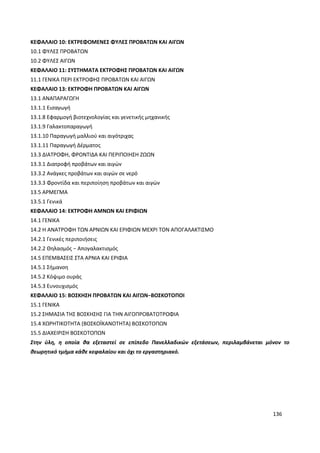 136
ΚΕΦΑΛΑΙΟ 10: ΕΚΤΡΕΦΟΜΕΝΕΣ ΦΥΛΕΣ ΠΡΟΒΑΤΩΝ ΚΑΙ ΑΙΓΩΝ
10.1 ΦΥΛΕΣ ΠΡΟΒΑΤΩΝ
10.2 ΦΥΛΕΣ ΑΙΓΩΝ
ΚΕΦΑΛΑΙΟ 11: ΣΥΣΤΗΜΑΤΑ ΕΚΤΡΟΦΗΣ ΠΡΟΒΑΤΩΝ ΚΑΙ ΑΙΓΩΝ
11.1 ΓΕΝΙΚΑ ΠΕΡΙ ΕΚΤΡΟΦΗΣ ΠΡΟΒΑΤΩΝ ΚΑΙ ΑΙΓΩΝ
ΚΕΦΑΛΑΙΟ 13: ΕΚΤΡΟΦΗ ΠΡΟΒΑΤΩΝ ΚΑΙ ΑΙΓΩΝ
13.1 ΑΝΑΠΑΡΑΓΩΓΗ
13.1.1 Εισαγωγή
13.1.8 Εφαρμογή βιοτεχνολογίας και γενετικής μηχανικής
13.1.9 Γαλακτοπαραγωγή
13.1.10 Παραγωγή μαλλιού και αιγότριχας
13.1.11 Παραγωγή Δέρματος
13.3 ΔΙΑΤΡΟΦΗ, ΦΡΟΝΤΙΔΑ ΚΑΙ ΠΕΡΙΠΟΙΗΣΗ ΖΩΩΝ
13.3.1 Διατροφή προβάτων και αιγών
13.3.2 Ανάγκες προβάτων και αιγών σε νερό
13.3.3 Φροντίδα και περιποίηση προβάτων και αιγών
13.5 ΑΡΜΕΓΜΑ
13.5.1 Γενικά
ΚΕΦΑΛΑΙΟ 14: ΕΚΤΡΟΦΗ ΑΜΝΩΝ ΚΑΙ ΕΡΙΦΙΩΝ
14.1 ΓΕΝΙΚΑ
14.2 Η ΑΝΑΤΡΟΦΗ ΤΩΝ ΑΡΝΙΩΝ ΚΑΙ ΕΡΙΦΙΩΝ ΜΕΧΡΙ ΤΟΝ ΑΠΟΓΑΛΑΚΤΙΣΜΟ
14.2.1 Γενικές περιποιήσεις
14.2.2 Θηλασμός − Απογαλακτισμός
14.5 ΕΠΕΜΒΑΣΕΙΣ ΣΤΑ ΑΡΝΙΑ ΚΑΙ ΕΡΙΦΙΑ
14.5.1 Σήμανση
14.5.2 Κόψιμο ουράς
14.5.3 Ευνουχισμός
ΚΕΦΑΛΑΙΟ 15: ΒΟΣΚΗΣΗ ΠΡΟΒΑΤΩΝ ΚΑΙ ΑΙΓΩΝ−ΒΟΣΚΟΤΟΠΟΙ
15.1 ΓΕΝΙΚΑ
15.2 ΣΗΜΑΣΙΑ ΤΗΣ ΒΟΣΚΗΣΗΣ ΓΙΑ ΤΗΝ ΑΙΓΟΠΡΟΒΑΤΟΤΡΟΦΙΑ
15.4 ΧΩΡΗΤΙΚΟΤΗΤΑ (ΒΟΣΚΟΪΚΑΝΟΤΗΤΑ) ΒΟΣΚΟΤΟΠΩΝ
15.5 ΔΙΑΧΕΙΡΙΣΗ ΒΟΣΚΟΤΟΠΩΝ
Στην ύλη, η οποία θα εξεταστεί σε επίπεδο Πανελλαδικών εξετάσεων, περιλαμβάνεται μόνον το
θεωρητικό τμήμα κάθε κεφαλαίου και όχι το εργαστηριακό.
 