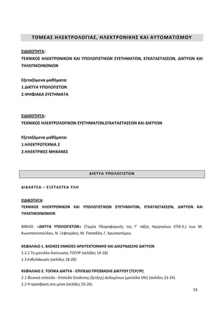 33
ΤΟΜΕΑΣ ΗΛΕΚΤΡΟΛΟΓΙΑΣ, ΗΛΕΚΤΡΟΝΙΚΗΣ ΚΑΙ ΑΥΤΟΜΑΤΙΣΜΟΥ
ΕΙΔΙΚΟΤΗΤΑ:
ΤΕΧΝΙΚΟΣ ΗΛΕΚΤΡΟΝΙΚΩΝ ΚΑΙ ΥΠΟΛΟΓΙΣΤΙΚΩΝ ΣΥΣΤΗΜΑΤΩΝ, ΕΓΚΑΤΑΣΤΑΣΕΩΝ, ΔΙΚΤΥΩΝ ΚΑΙ
ΤΗΛΕΠΙΚΟΙΝΩΝΙΩΝ
Εξεταζόμενα μαθήματα:
1.ΔΙΚΤΥΑ ΥΠΟΛΟΓΙΣΤΩΝ
2.ΨΗΦΙΑΚΑ ΣΥΣΤΗΜΑΤΑ
ΕΙΔΙΚΟΤΗΤΑ:
ΤΕΧΝΙΚΟΣ ΗΛΕΚΤΡΟΛΟΓΙΚΩΝ ΣΥΣΤΗΜΑΤΩΝ,ΕΓΚΑΤΑΣΤΑΣΕΩΝ ΚΑΙ ΔΙΚΤΥΩΝ
Εξεταζόμενα μαθήματα:
1.ΗΛΕΚΤΡΟΤΕΧΝΙΑ 2
2.ΗΛΕΚΤΡΙΚΕΣ ΜΗΧΑΝΕΣ
ΔΙΚΤΥΑ ΥΠΟΛΟΓΙΣΤΩΝ
ΔΙΔΑΚΤΕΑ – ΕΞΕΤΑΣΤΕΑ ΥΛΗ
ΕΙΔΙΚΟΤΗΤA:
ΤΕΧΝΙΚΟΣ ΗΛΕΚΤΡΟΝΙΚΩΝ ΚΑΙ ΥΠΟΛΟΓΙΣΤΙΚΩΝ ΣΥΣΤΗΜΑΤΩΝ, ΕΓΚΑΤΑΣΤΑΣΕΩN, ΔΙΚΤΥΩΝ ΚΑΙ
ΤΗΛΕΠΙΚΟΙΝΩΝΙΩΝ
ΒΙΒΛΙΟ: «ΔΙΚΤΥΑ ΥΠΟΛΟΓΙΣΤΩΝ» (Τομέα Πληροφορικής της Γ’ τάξης Ημερησίων ΕΠΑ.Λ.) των Μ.
Κωνσταντοπούλου, Ν. Ξεφτεράκη, Μ. Παπαδέα, Γ. Χρυσοστόμου.
ΚΕΦΑΛΑΙΟ 1. ΒΑΣΙΚΕΣ ΕΝΝΟΙΕΣ ΑΡΧΙΤΕΚΤΟΝΙΚΗΣ ΚΑΙ ΔΙΑΣΥΝΔΕΣΗΣ ΔΙΚΤΥΩΝ
1.2.2 Το μοντέλο δικτύωσης TCP/IP (σελίδες 14-18)
1.3 Ενθυλάκωση (σελίδες 18-20)
ΚΕΦΑΛΑΙΟ 2. ΤΟΠΙΚΑ ΔΙΚΤΥΑ - ΕΠΙΠΕΔΟ ΠΡΟΣΒΑΣΗΣ ΔΙΚΤΥΟΥ (TCP/IP)
2.1 Φυσικό επίπεδο - Επίπεδο Σύνδεσης (ζεύξης) Δεδομένων (μοντέλο OSI) (σελίδες 23-24)
2.2 Η πρόσβαση στο μέσο (σελίδες 25-26)
 