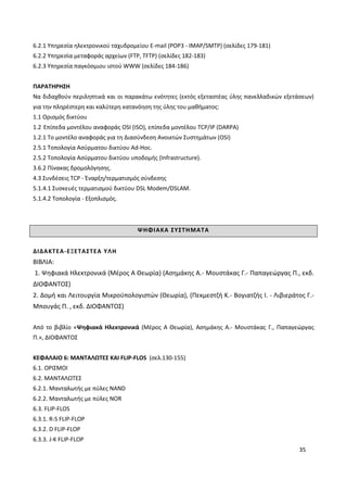 35
6.2.1 Υπηρεσία ηλεκτρονικού ταχυδρομείου E-mail (POP3 - IMAP/SMTP) (σελίδες 179-181)
6.2.2 Υπηρεσία μεταφοράς αρχείων (FTP, TFTP) (σελίδες 182-183)
6.2.3 Υπηρεσία παγκόσμιου ιστού WWW (σελίδες 184-186)
ΠΑΡΑΤΗΡΗΣΗ
Να διδαχθούν περιληπτικά και οι παρακάτω ενότητες (εκτός εξεταστέας ύλης πανελλαδικών εξετάσεων)
για την πληρέστερη και καλύτερη κατανόηση της ύλης του μαθήματος:
1.1 Ορισμός δικτύου
1.2 Επίπεδα μοντέλου αναφοράς OSI (ISO), επίπεδα μοντέλου TCP/IP (DARPA)
1.2.1 Το μοντέλο αναφοράς για τη Διασύνδεση Ανοικτών Συστημάτων (OSI)
2.5.1 Τοπολογία Ασύρματου δικτύου Ad-Hoc.
2.5.2 Τοπολογία Ασύρματου δικτύου υποδομής (Infrastructure).
3.6.2 Πίνακας δρομολόγησης.
4.3 Συνδέσεις TCP - Έναρξη/τερματισμός σύνδεσης
5.1.4.1 Συσκευές τερματισμού δικτύου DSL Modem/DSLAM.
5.1.4.2 Τοπολογία - Εξοπλισμός.
ΨΗΦΙΑΚΑ ΣΥΣΤΗΜΑΤΑ
ΔΙΔΑΚΤΕΑ-ΕΞΕΤΑΣΤΕΑ ΥΛΗ
ΒΙΒΛΙΑ:
1. Ψηφιακά Ηλεκτρονικά (Μέρος Α Θεωρία) (Ασηµάκης Α.- Μουστάκας Γ.- Παπαγεώργας Π., εκδ.
ΔΙΟΦΑΝΤΟΣ)
2. ∆οµή και Λειτουργία Μικροϋπολογιστών (Θεωρία), (Πεκµεστζή Κ.- Βογιατζής Ι. - Λιβιεράτος Γ.-
Μπουγάς Π. , εκδ. ΔΙΟΦΑΝΤΟΣ)
Από το βιβλίο «Ψηφιακά Ηλεκτρονικά (Μέρος Α Θεωρία), Ασημάκης Α.- Μουστάκας Γ., Παπαγεώργας
Π.», ΔΙΟΦΑΝΤΟΣ
ΚΕΦΑΛΑΙΟ 6: ΜΑΝΤΑΛΩΤΕΣ ΚΑΙ FLIP-FLOS (σελ.130-155)
6.1. OΡΙΣΜΟΙ
6.2. ΜΑΝΤΑΛΩΤΕΣ
6.2.1. Μανταλωτής µε πύλες NAND
6.2.2. Μανταλωτής µε πύλες NOR
6.3. FLIP-FLOS
6.3.1. R-S FLIP-FLOP
6.3.2. D FLIP-FLOP
6.3.3. J-K FLIP-FLOP
 