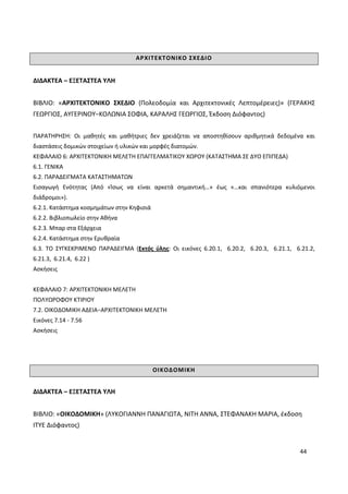 44
ΑΡΧΙΤΕΚΤΟΝΙΚΟ ΣΧΕΔΙΟ
ΔΙΔΑΚΤΕΑ – ΕΞΕΤΑΣΤΕΑ ΥΛΗ
ΒΙΒΛΙΟ: «ΑΡΧΙΤΕΚΤΟΝΙΚΟ ΣΧΕΔΙΟ (Πολεοδομία και Αρχιτεκτονικές Λεπτομέρειες)» (ΓΕΡΑΚΗΣ
ΓΕΩΡΓΙΟΣ, ΑΥΓΕΡΙΝΟΥ−ΚΟΛΩΝΙΑ ΣΟΦΙΑ, ΚΑΡΑΛΗΣ ΓΕΩΡΓΙΟΣ, Έκδοση Διόφαντος)
ΠΑΡΑΤΗΡΗΣΗ: Οι μαθητές και μαθήτριες δεν χρειάζεται να αποστηθίσουν αριθμητικά δεδομένα και
διαστάσεις δομικών στοιχείων ή υλικών και μορφές διατομών.
ΚΕΦΑΛΑΙΟ 6: ΑΡΧΙΤΕΚΤΟΝΙΚΗ ΜΕΛΕΤΗ ΕΠΑΓΓΕΛΜΑΤΙΚΟΥ ΧΩΡΟΥ (ΚΑΤΑΣΤΗΜΑ ΣΕ ΔΥΟ ΕΠΙΠΕΔΑ)
6.1. ΓΕΝΙΚΑ
6.2. ΠΑΡΑΔΕΙΓΜΑΤΑ ΚΑΤΑΣΤΗΜΑΤΩΝ
Εισαγωγή Ενότητας (Από «Ίσως να είναι αρκετά σημαντική…» έως «…και σπανιότερα κυλιόμενοι
διάδρομοι»).
6.2.1. Κατάστημα κοσμημάτων στην Κηφισιά
6.2.2. Βιβλιοπωλείο στην Αθήνα
6.2.3. Μπαρ στα Εξάρχεια
6.2.4. Κατάστημα στην Ερυθραία
6.3. ΤΟ ΣΥΓΚΕΚΡΙΜΕΝΟ ΠΑΡΑΔΕΙΓΜΑ (Εκτός ύλης: Οι εικόνες 6.20.1, 6.20.2, 6.20.3, 6.21.1, 6.21.2,
6.21.3, 6.21.4, 6.22 )
Ασκήσεις
ΚΕΦΑΛΑΙΟ 7: ΑΡΧΙΤΕΚΤΟΝΙΚΗ ΜΕΛΕΤΗ
ΠΟΛΥΩΡΟΦΟΥ ΚΤΙΡΙΟΥ
7.2. ΟΙΚΟΔΟΜΙΚΗ ΑΔΕΙΑ−ΑΡΧΙΤΕΚΤΟΝΙΚΗ ΜΕΛΕΤΗ
Εικόνες 7.14 - 7.56
Ασκήσεις
ΟΙΚΟΔΟΜΙΚΗ
ΔΙΔΑΚΤΕΑ – ΕΞΕΤΑΣΤΕΑ ΥΛΗ
ΒΙΒΛΙΟ: «ΟΙΚΟΔΟΜΙΚΗ» (ΛΥΚΟΓΙΑΝΝΗ ΠΑΝΑΓΙΩΤΑ, ΝΙΤΗ ΑΝΝΑ, ΣΤΕΦΑΝΑΚΗ ΜΑΡΙΑ, έκδοση
ΙΤΥΕ Διόφαντος)
 