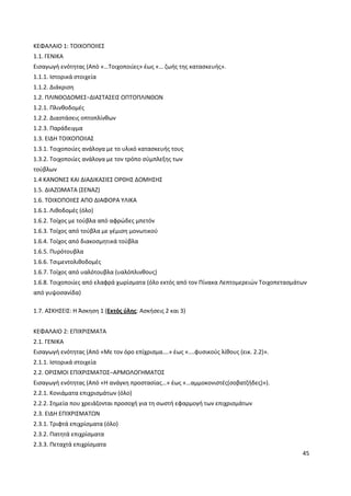 45
ΚΕΦΑΛΑΙΟ 1: ΤΟΙΧΟΠΟΙΙΕΣ
1.1. ΓΕΝΙΚΑ
Εισαγωγή ενότητας (Από «…Τοιχοποιίες» έως «… ζωής της κατασκευής».
1.1.1. Ιστορικά στοιχεία
1.1.2. Διάκριση
1.2. ΠΛΙΝΘΟΔΟΜΕΣ−ΔΙΑΣΤΑΣΕΙΣ ΟΠΤΟΠΛΙΝΘΩΝ
1.2.1. Πλινθοδομές
1.2.2. Διαστάσεις οπτοπλίνθων
1.2.3. Παράδειγμα
1.3. ΕΙΔΗ ΤΟΙΧΟΠΟΙΙΑΣ
1.3.1. Τοιχοποιίες ανάλογα με το υλικό κατασκευής τους
1.3.2. Τοιχοποιίες ανάλογα με τον τρόπο σύμπλεξης των
τούβλων
1.4 ΚΑΝΟΝΕΣ ΚΑΙ ΔΙΑΔΙΚΑΣΙΕΣ ΟΡΘΗΣ ΔΟΜΗΣΗΣ
1.5. ΔΙΑΖΩΜΑΤΑ (ΣΕΝΑΖ)
1.6. ΤΟΙΧΟΠΟΙΙΕΣ ΑΠΟ ΔΙΑΦΟΡΑ ΥΛΙΚΑ
1.6.1. Λιθοδομές (όλο)
1.6.2. Τοίχος με τούβλα από αφρώδες μπετόν
1.6.3. Τοίχος από τούβλα με γέμιση μονωτικού
1.6.4. Τοίχος από διακοσμητικά τούβλα
1.6.5. Πυρότουβλα
1.6.6. Τσιμεντολιθοδομές
1.6.7. Τοίχος από υαλότουβλα (υαλόπλινθους)
1.6.8. Τοιχοποιίες από ελαφρά χωρίσματα (όλο εκτός από τον Πίνακα Λεπτομερειών Τοιχοπετασμάτων
από γυψοσανίδα)
1.7. ΑΣΚΗΣΕΙΣ: Η Άσκηση 1 (Εκτός ύλης: Ασκήσεις 2 και 3)
ΚΕΦΑΛΑΙΟ 2: ΕΠΙΧΡΙΣΜΑΤΑ
2.1. ΓΕΝΙΚΑ
Εισαγωγή ενότητας (Από «Με τον όρο επίχρισμα….» έως «….φυσικούς λίθους (εικ. 2.2)».
2.1.1. Ιστορικά στοιχεία
2.2. ΟΡΙΣΜΟΙ ΕΠΙΧΡΙΣΜΑΤΟΣ−ΑΡΜΟΛΟΓΗΜΑΤΟΣ
Εισαγωγή ενότητας (Από «Η ανάγκη προστασίας…» έως «…αμμοκονιστές(σοβατζήδες)»).
2.2.1. Κονιάματα επιχρισμάτων (όλο)
2.2.2. Σημεία που χρειάζονται προσοχή για τη σωστή εφαρμογή των επιχρισμάτων
2.3. ΕΙΔΗ ΕΠΙΧΡΙΣΜΑΤΩΝ
2.3.1. Τριφτά επιχρίσματα (όλο)
2.3.2. Πατητά επιχρίσματα
2.3.3. Πεταχτά επιχρίσματα
 